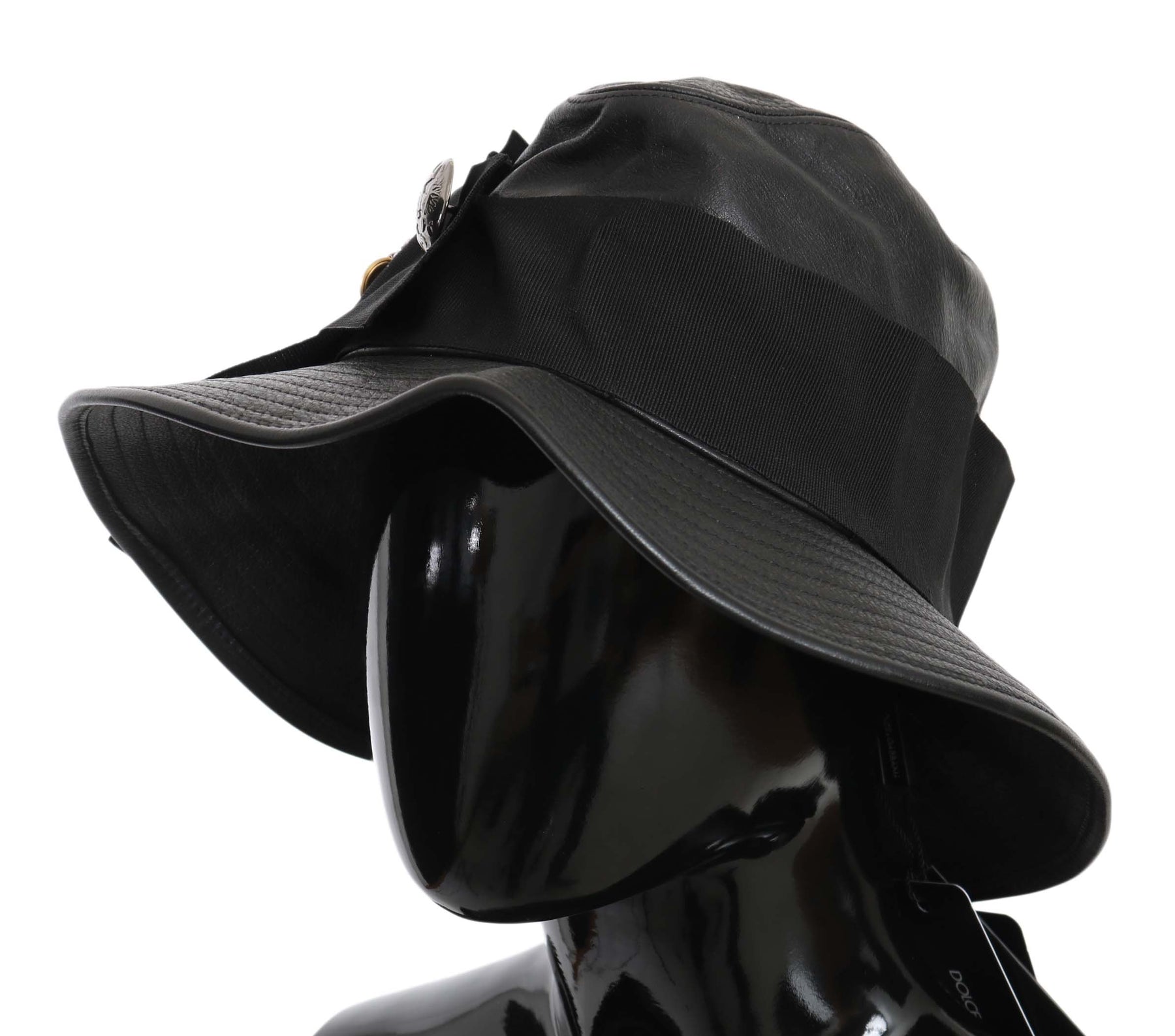 Dolce & Gabbana Black Leather DG Coin Crystal Wide Brim Hat | Regal Royce