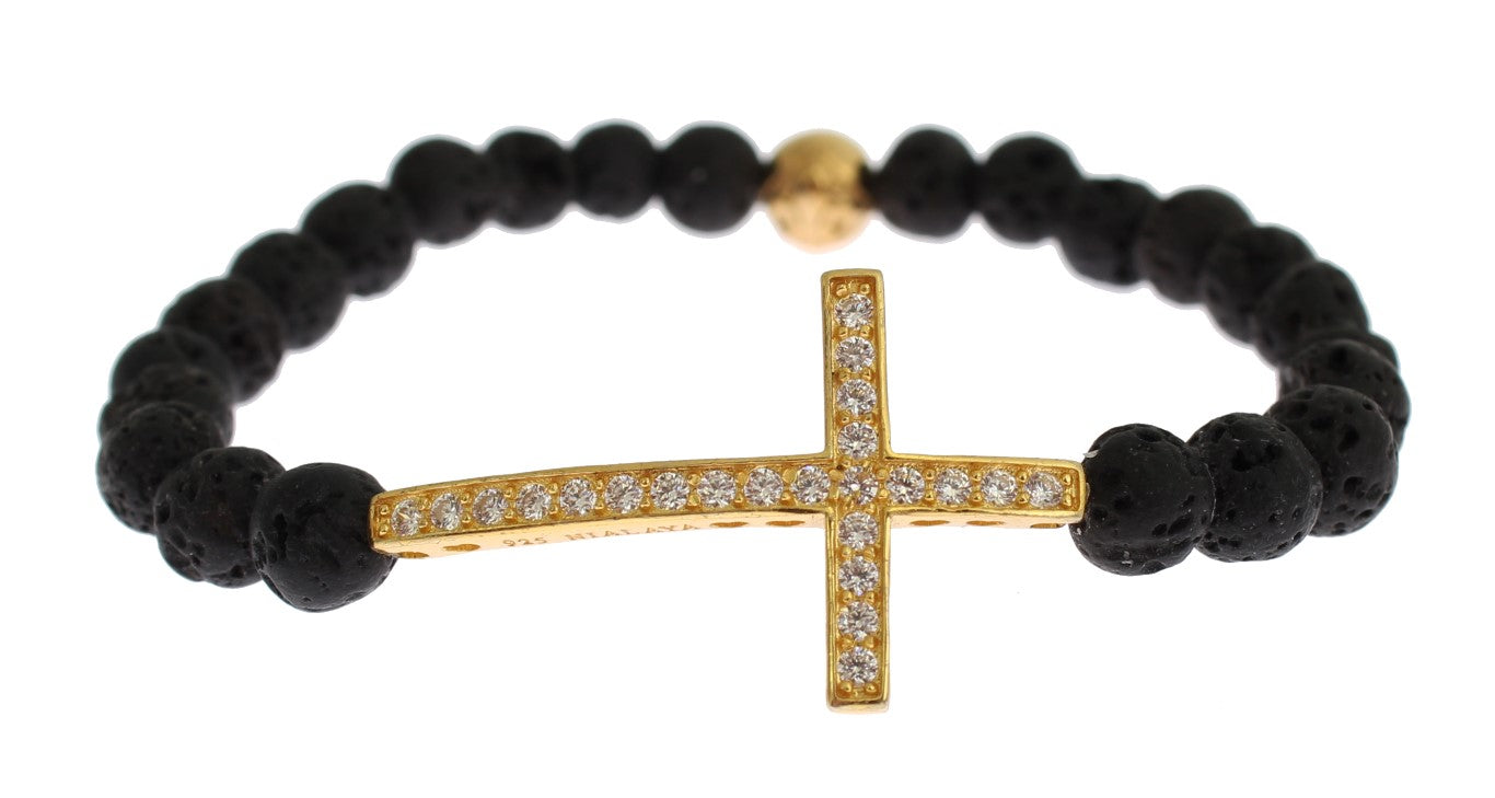 Nialaya Lava Stone Gold Clear CZ Cross 925 Silver Bracelet | Regal Royce