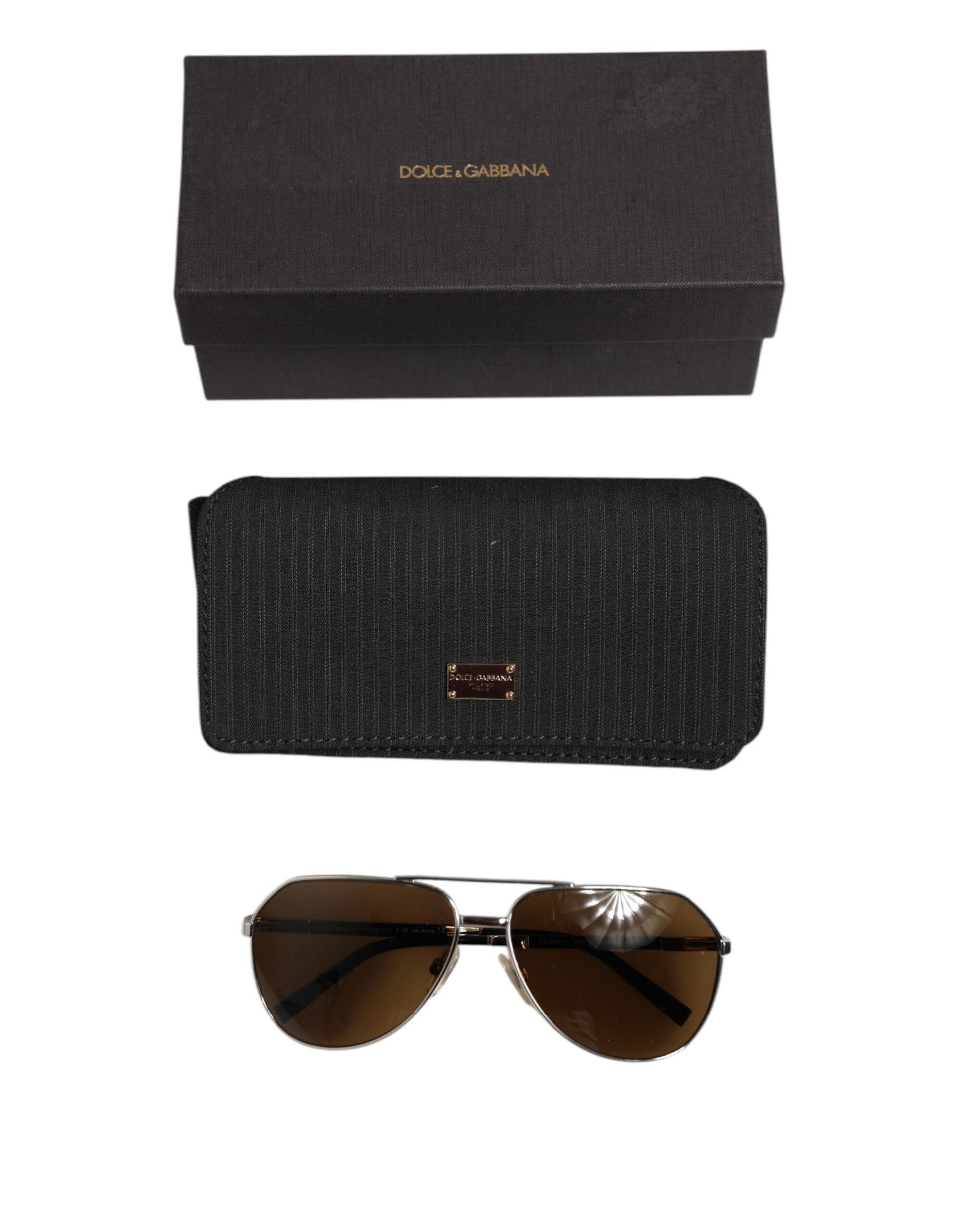 Dolce & Gabbana DG2073 Silver Steel Classic Pilot Brown Lens Sunglasses