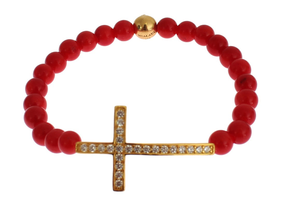 Nialaya Red Coral Gold CZ Cross 925 Silver Bracelet | Regal Royce
