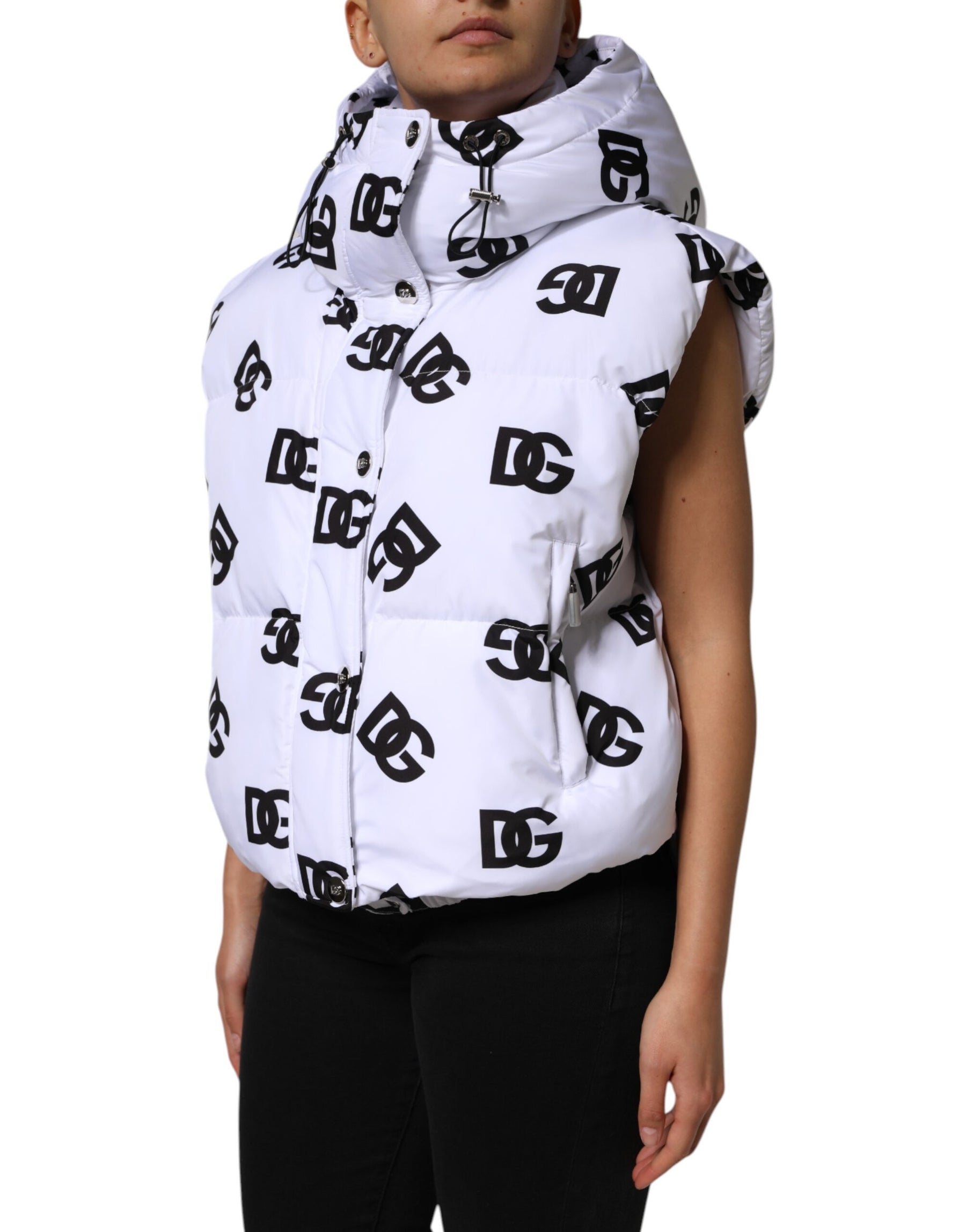 Dolce & Gabbana White Black DG Mania Polyester Puffer Jacket | Regal Royce