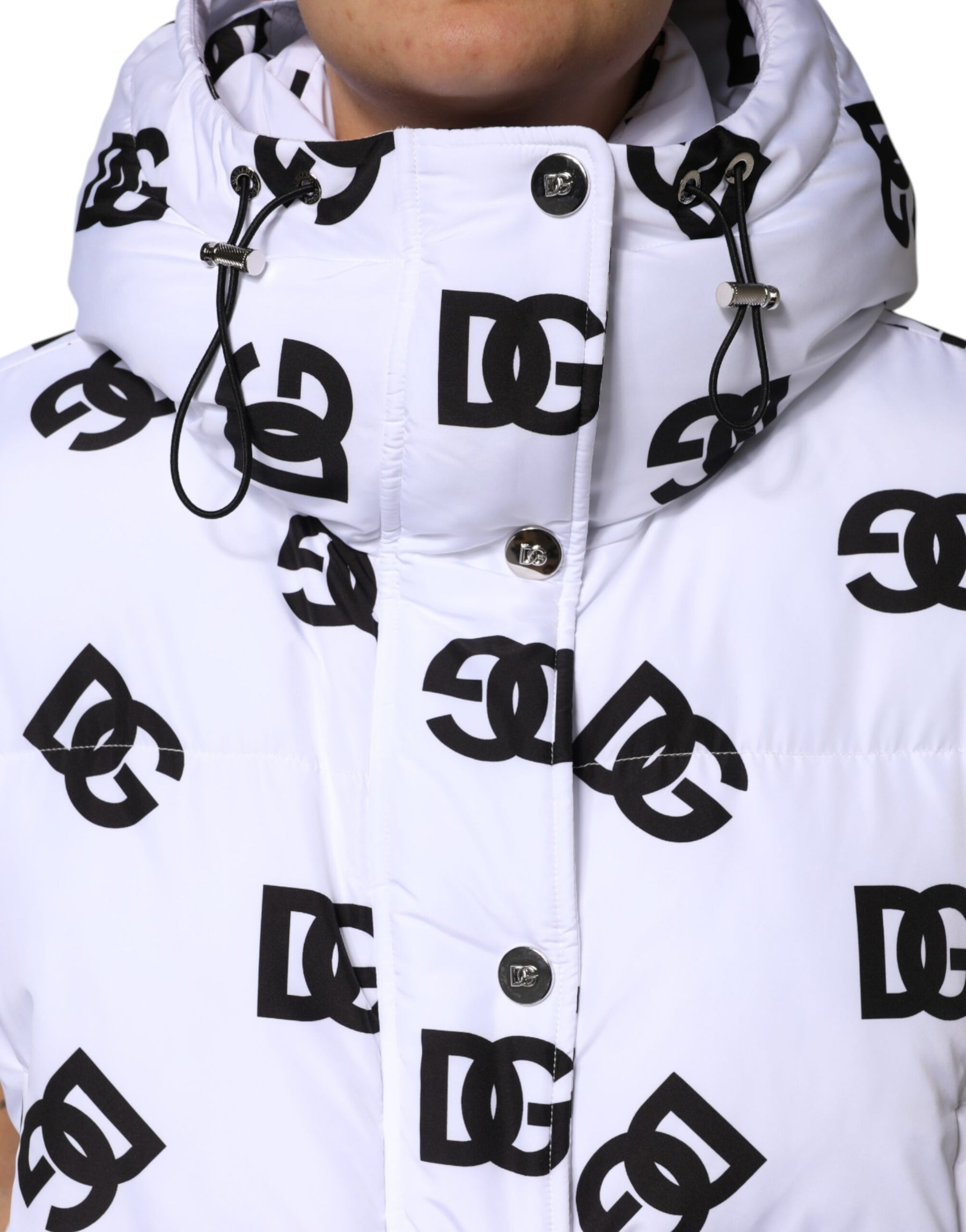 Dolce & Gabbana White Black DG Mania Polyester Puffer Jacket | Regal Royce