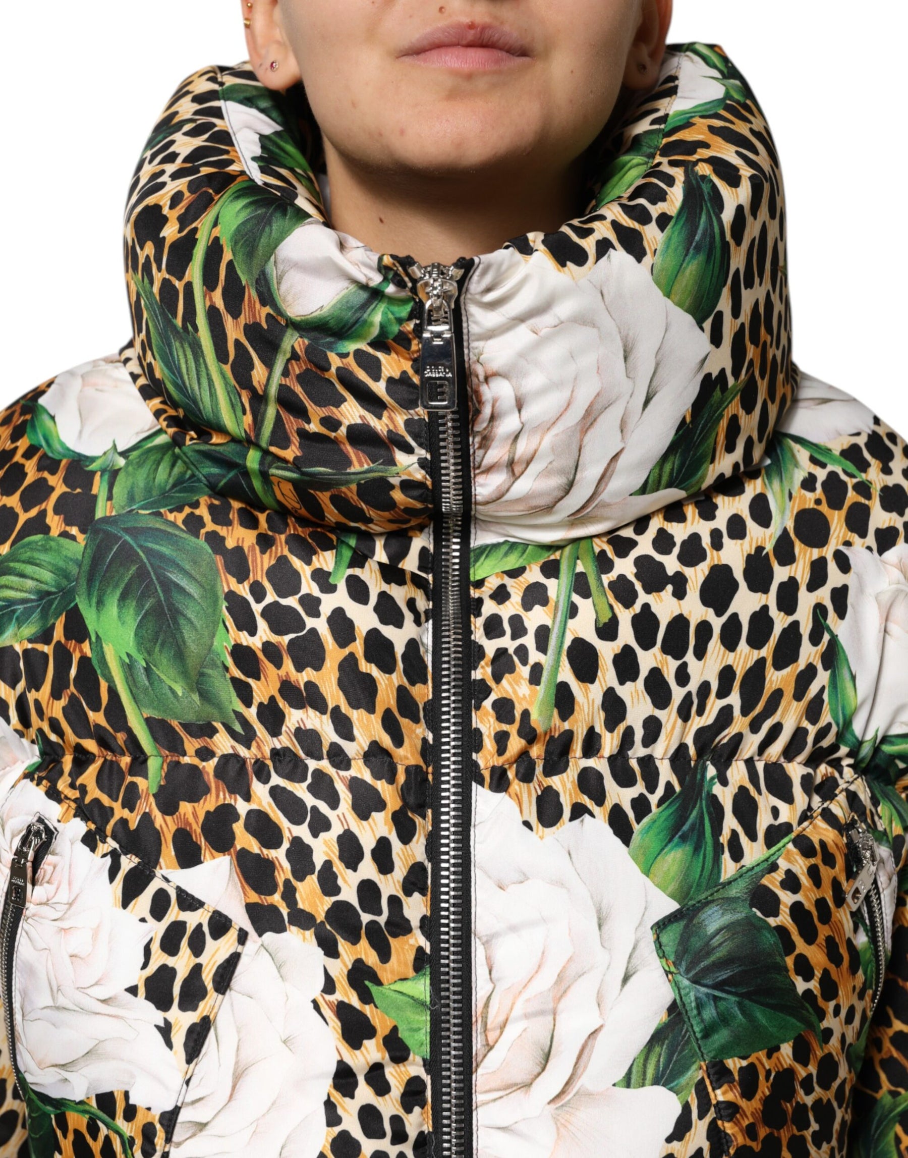 Dolce & Gabbana Multicolor Leopard Rose Puffer Quilted Jacket | Regal Royce