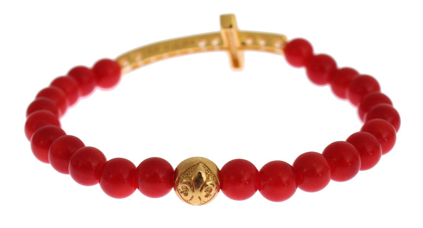 Nialaya Red Coral Gold CZ Cross 925 Silver Bracelet | Regal Royce