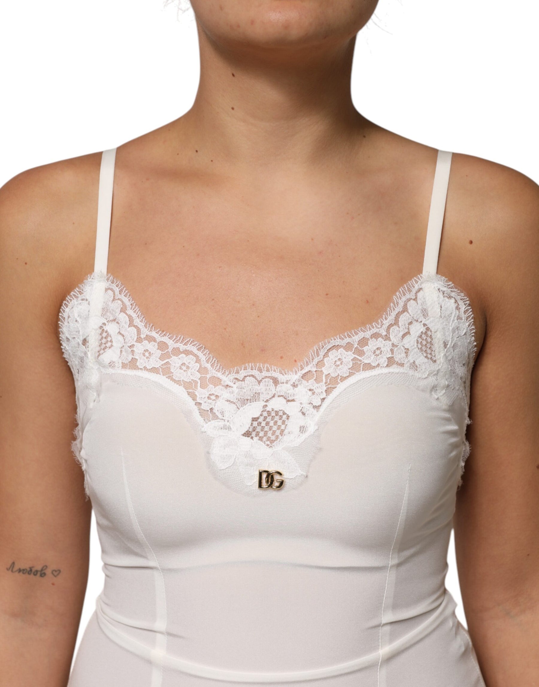 Dolce & Gabbana White Lace Gold DG Logo Silk Dress Sleepwear | Regal Royce