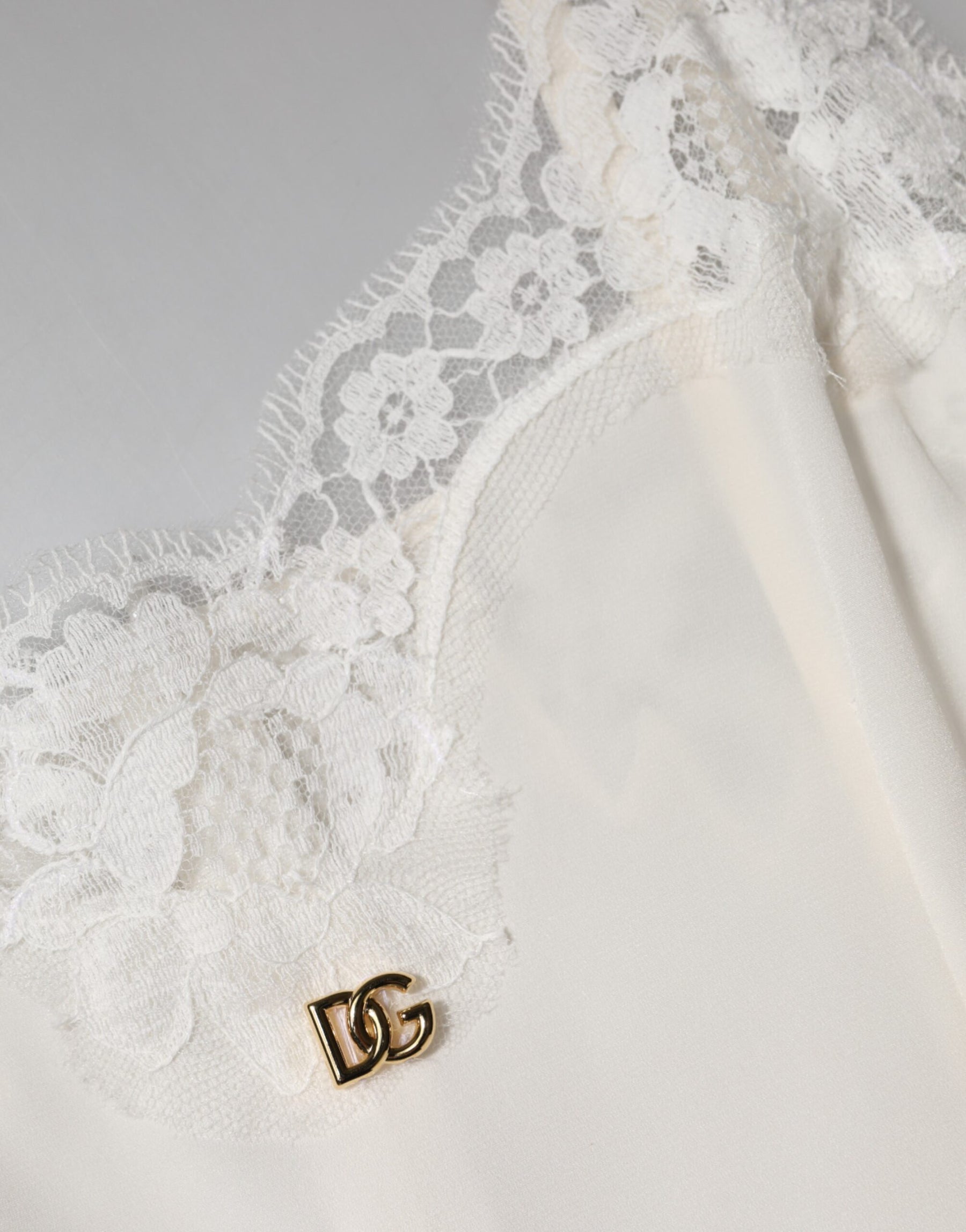 Dolce & Gabbana White Lace Gold DG Logo Silk Dress Sleepwear | Regal Royce