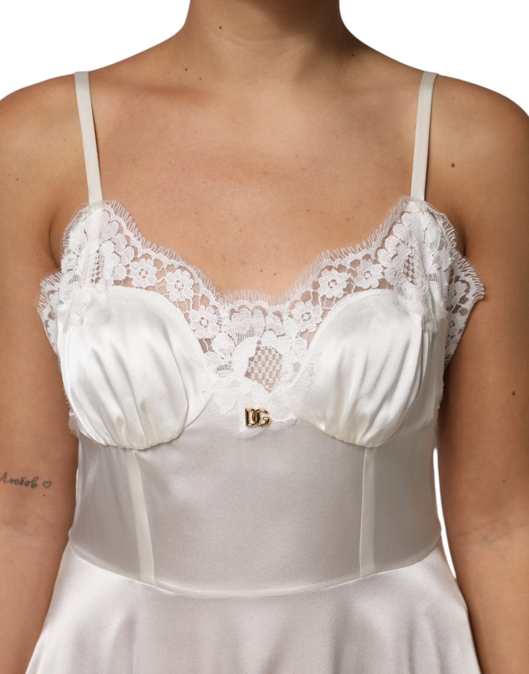 Dolce & Gabbana White Lace DG Logo Silk Dress Sleepwear | Regal Royce