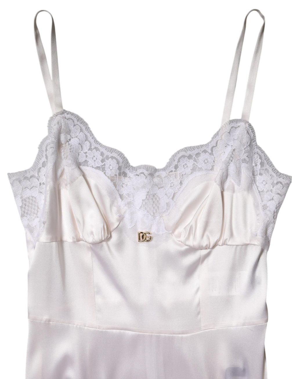 Dolce & Gabbana White Lace Gold DG Logo Silk Dress Sleepwear