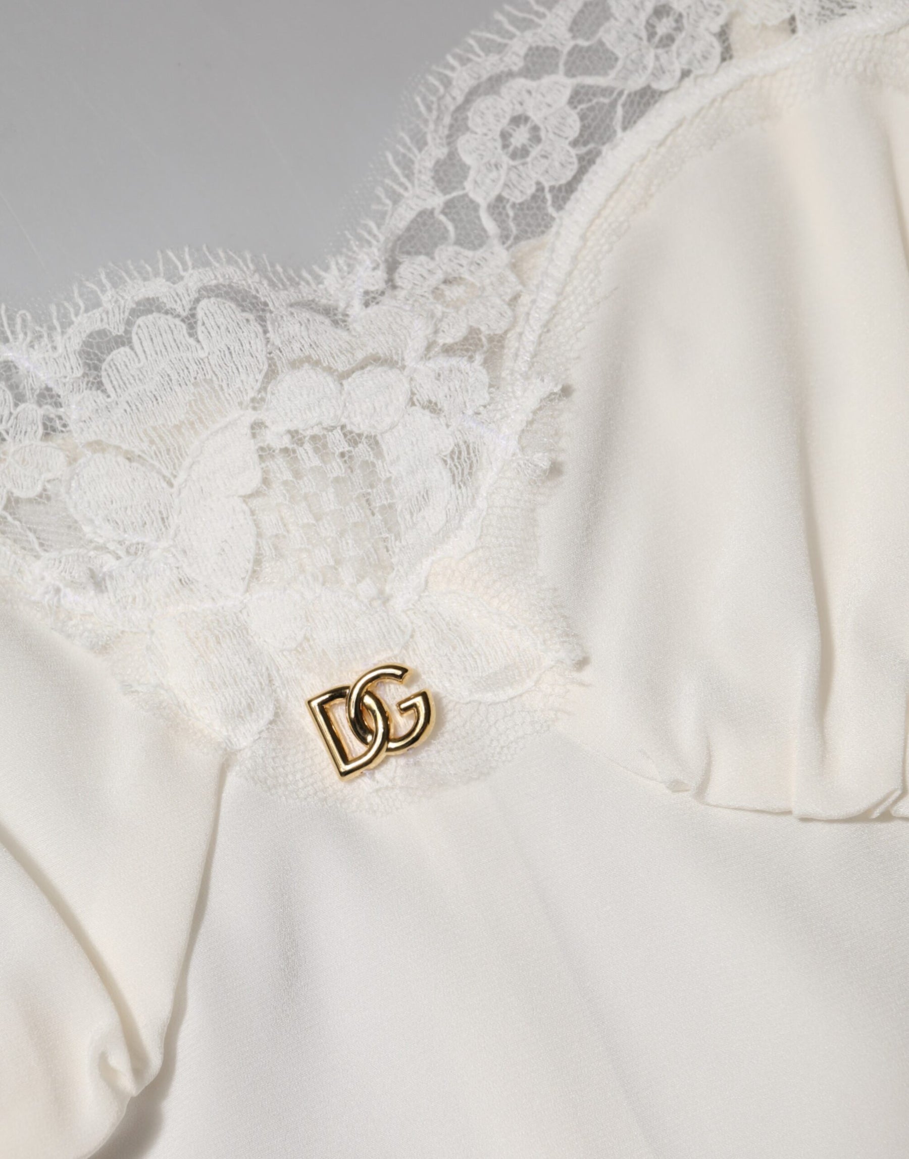 Dolce & Gabbana White Lace Gold DG Logo Silk Dress Sleepwear | Regal Royce
