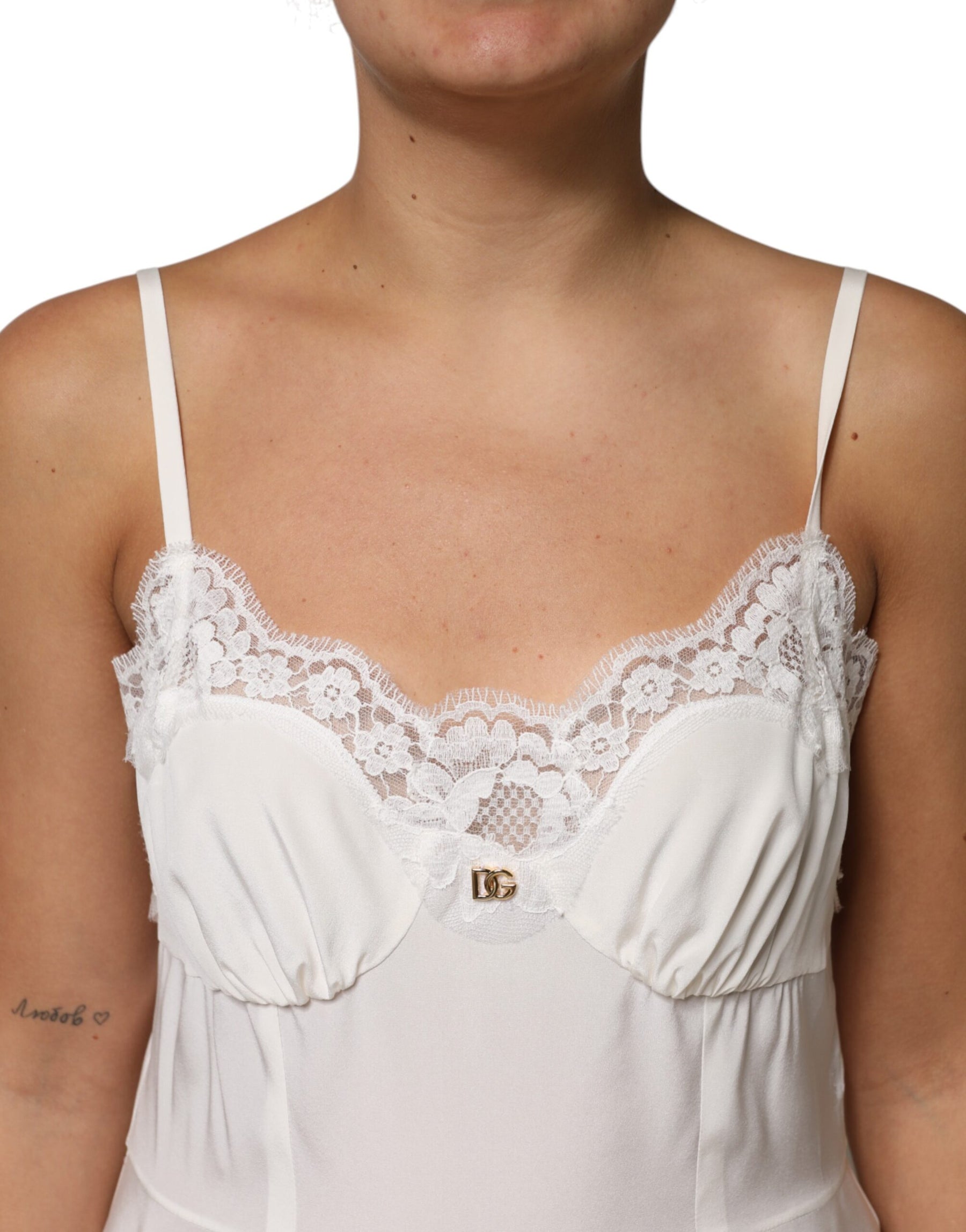 Dolce & Gabbana White Lace Gold DG Logo Silk Dress Sleepwear | Regal Royce
