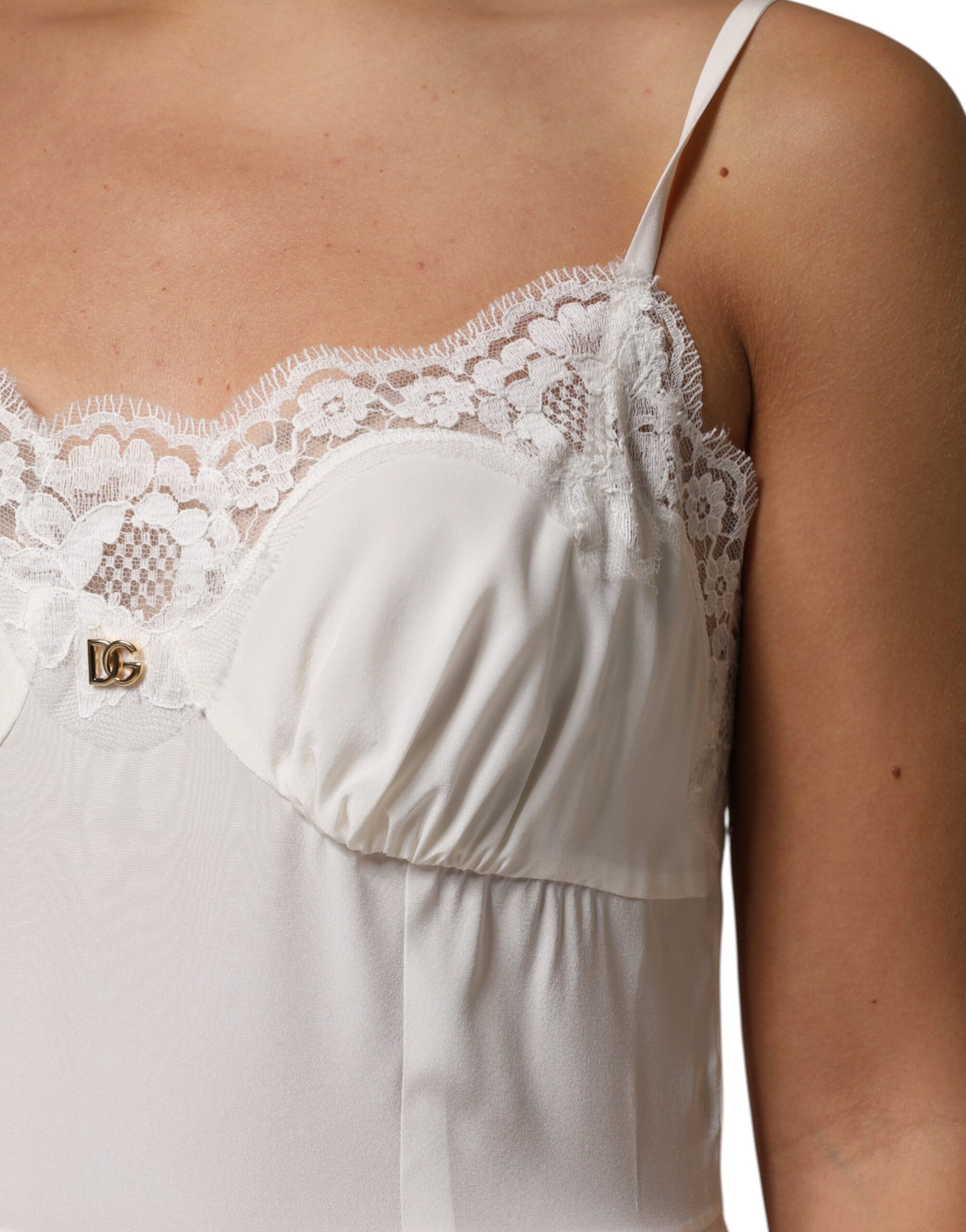Dolce & Gabbana White Lace Gold DG Logo Silk Dress Sleepwear | Regal Royce