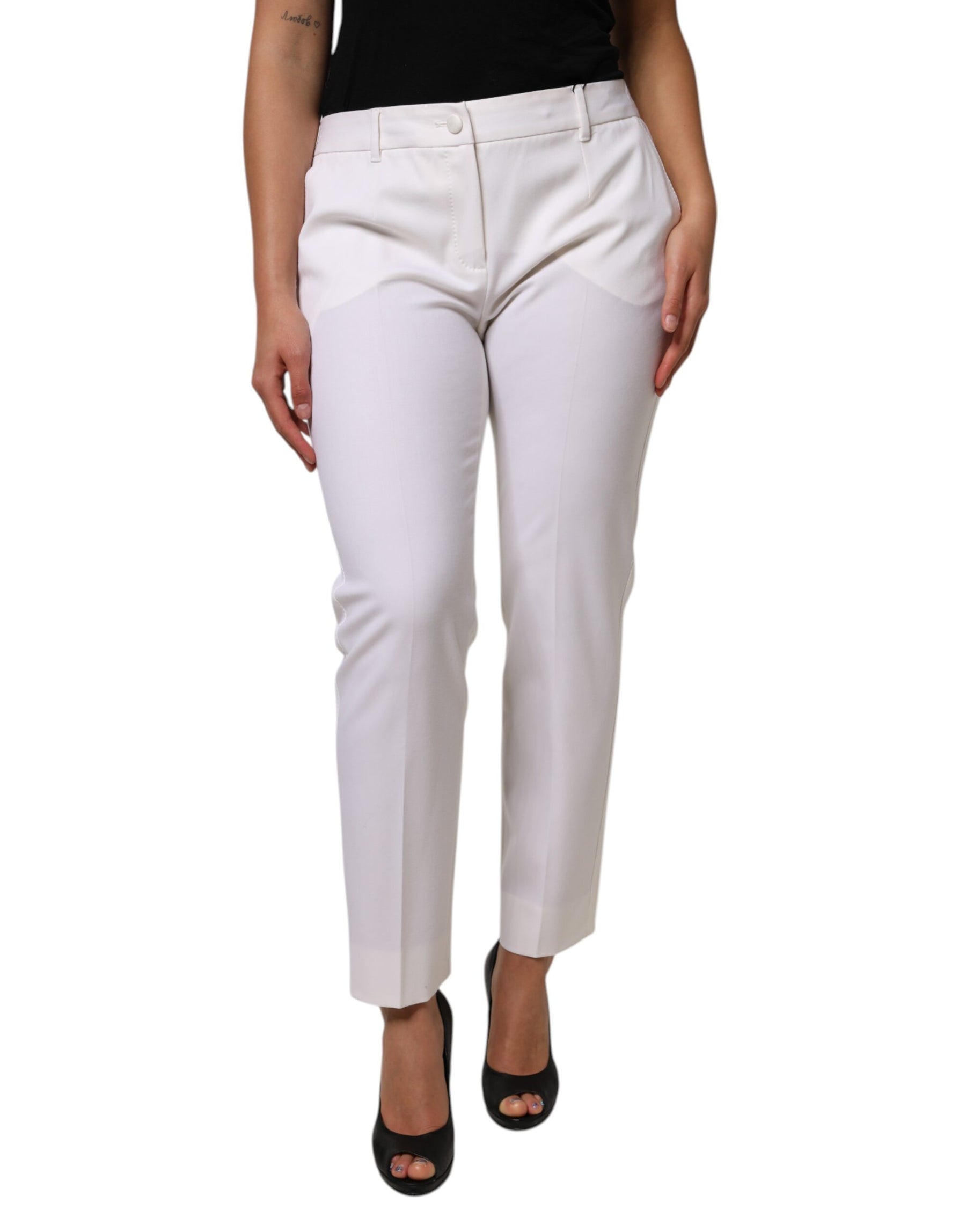 Dolce & Gabbana White Wool Mid Waist Tapered Pants | Regal Royce