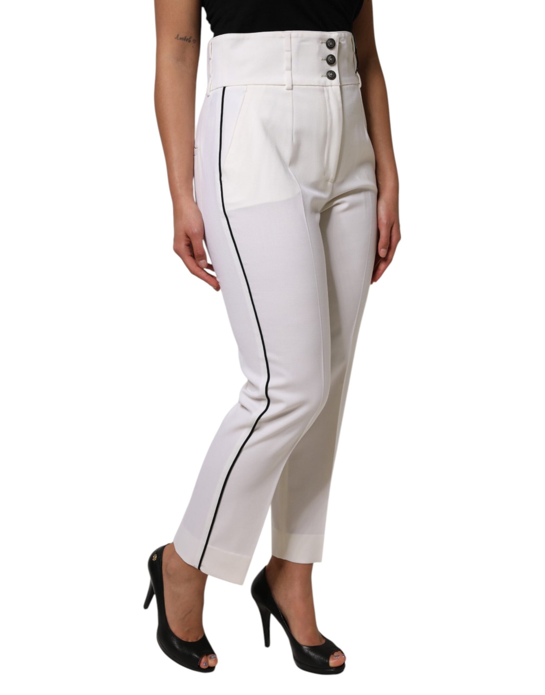 Dolce & Gabbana White Wool High Waist Tapered Pants | Regal Royce