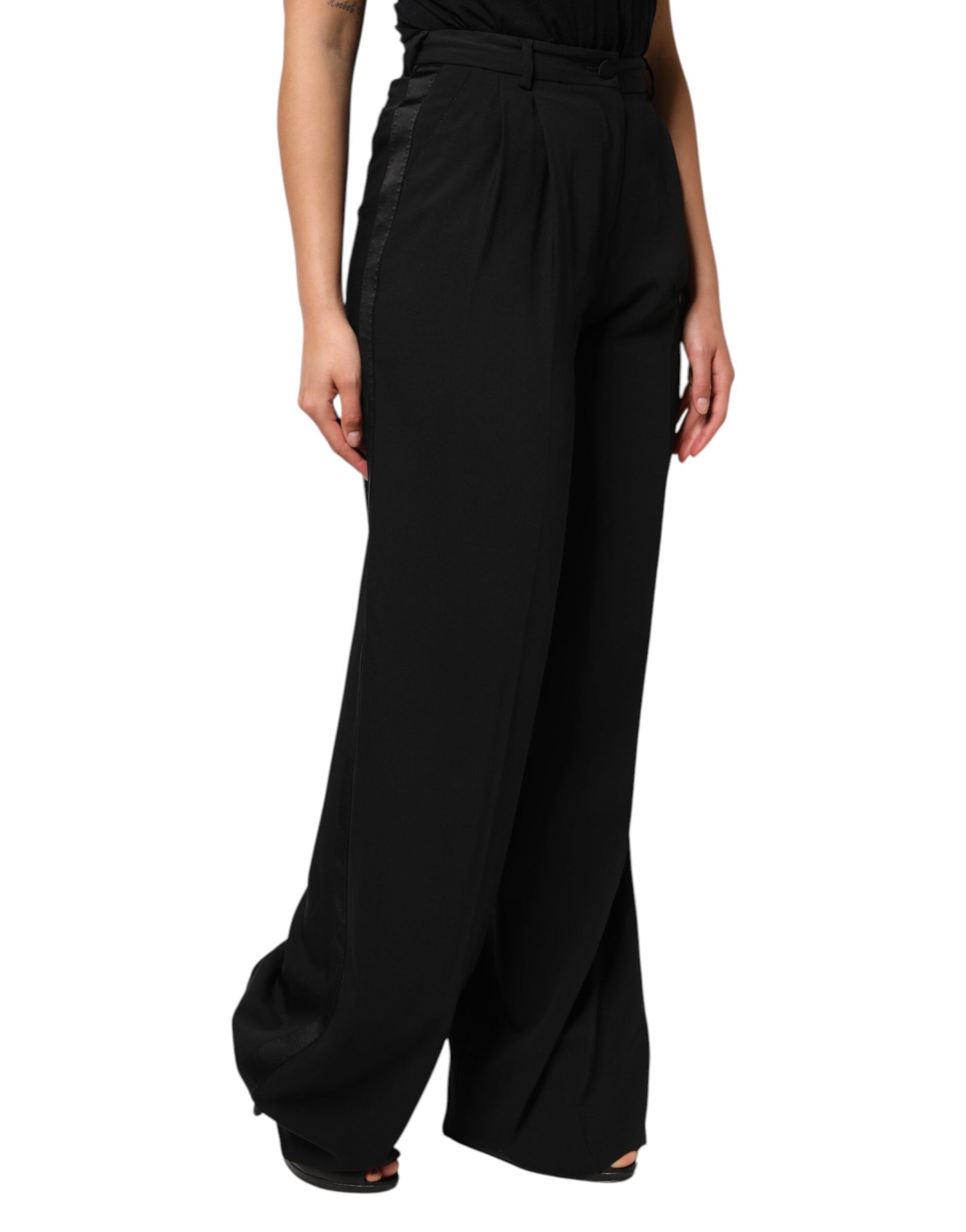 Dolce & Gabbana Black Wool High Waist Wide Leg Pants | Regal Royce