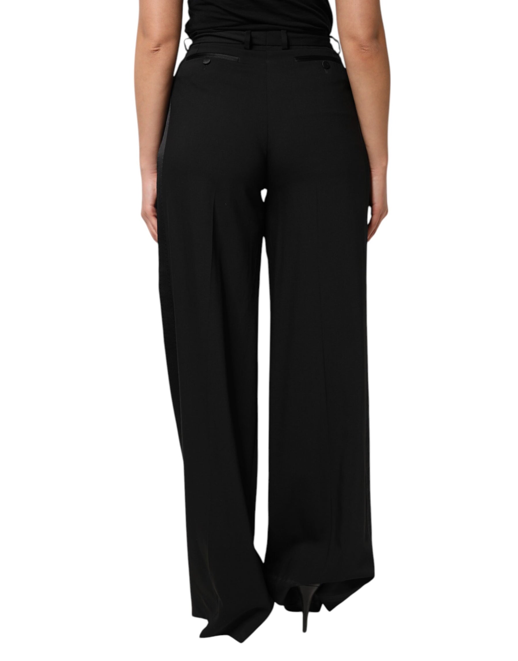 Dolce & Gabbana Black Wool High Waist Wide Leg Pants | Regal Royce