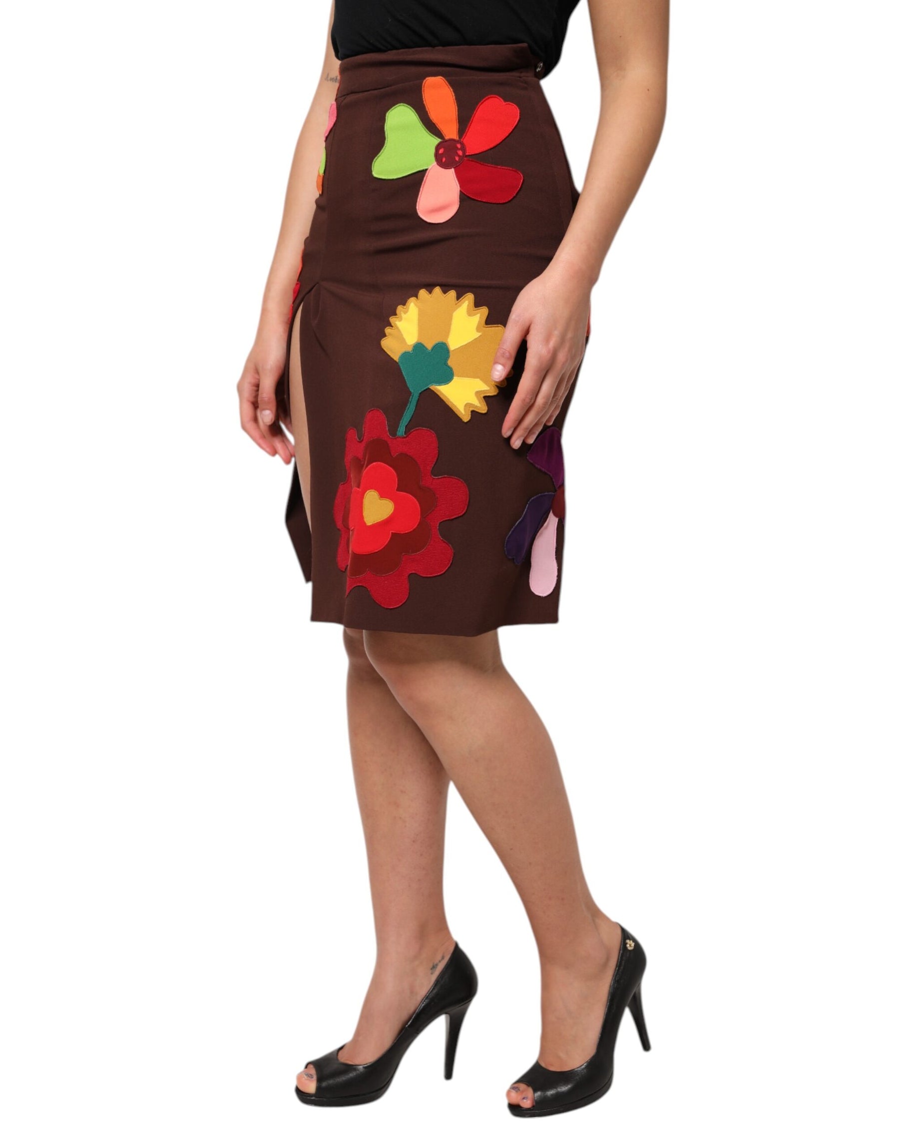 Dolce & Gabbana Brown Floral High Waist Side Slit Skirt | Regal Royce