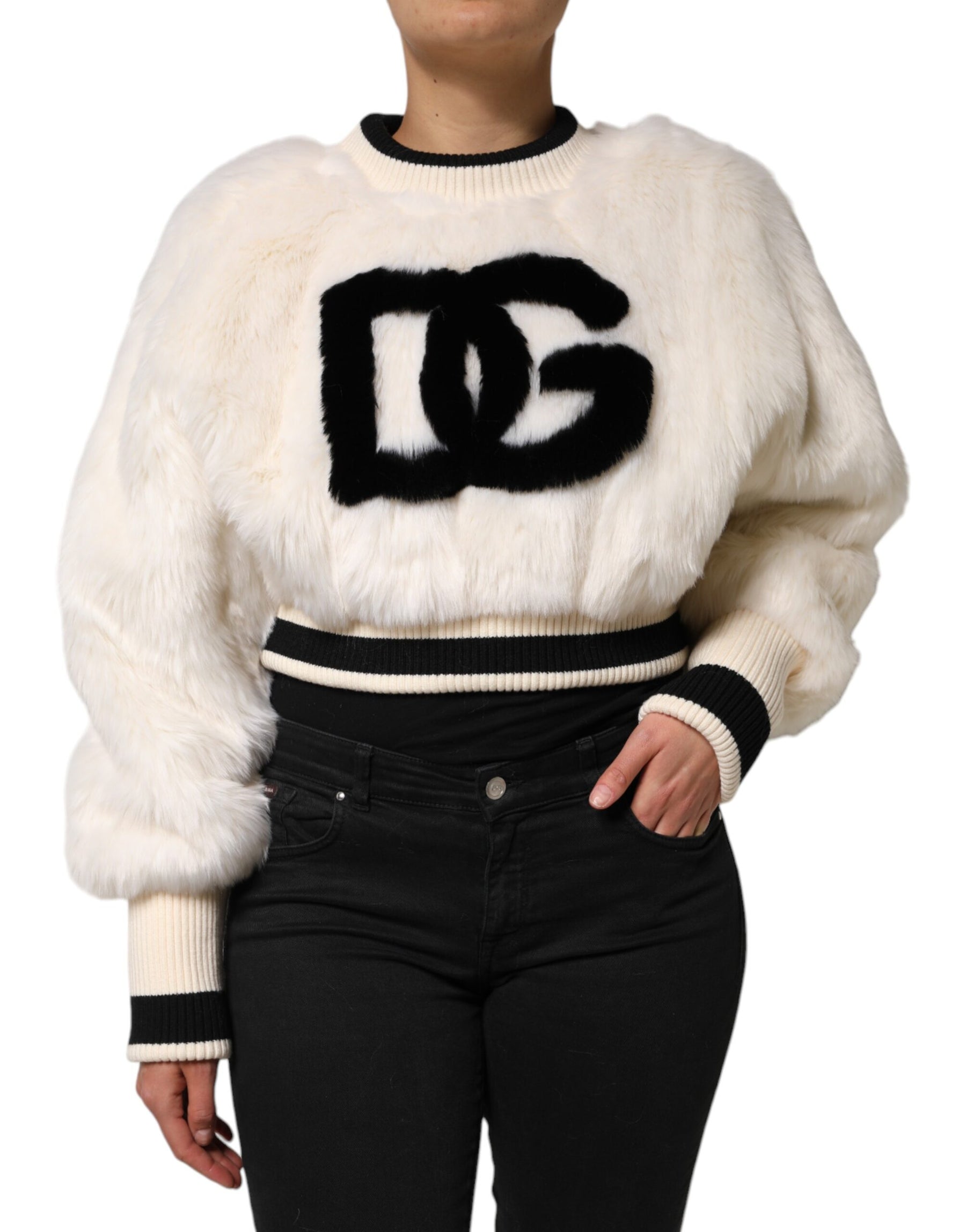 Dolce & Gabbana White Cropped Faux Fur DG Sweatshirt Sweater | Regal Royce