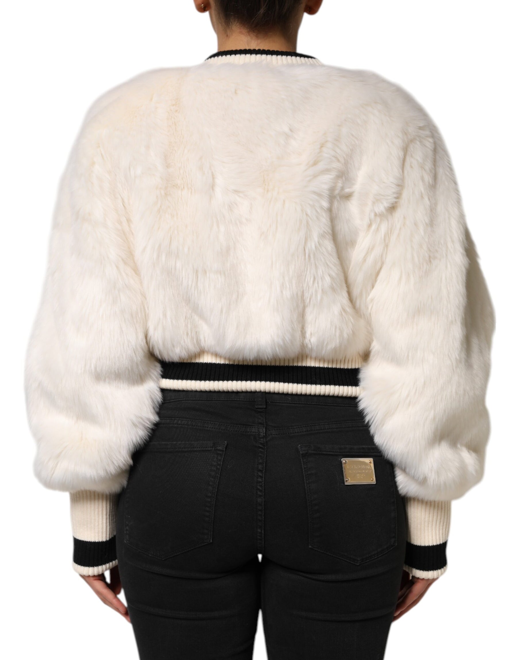 Dolce & Gabbana White Cropped Faux Fur DG Sweatshirt Sweater | Regal Royce