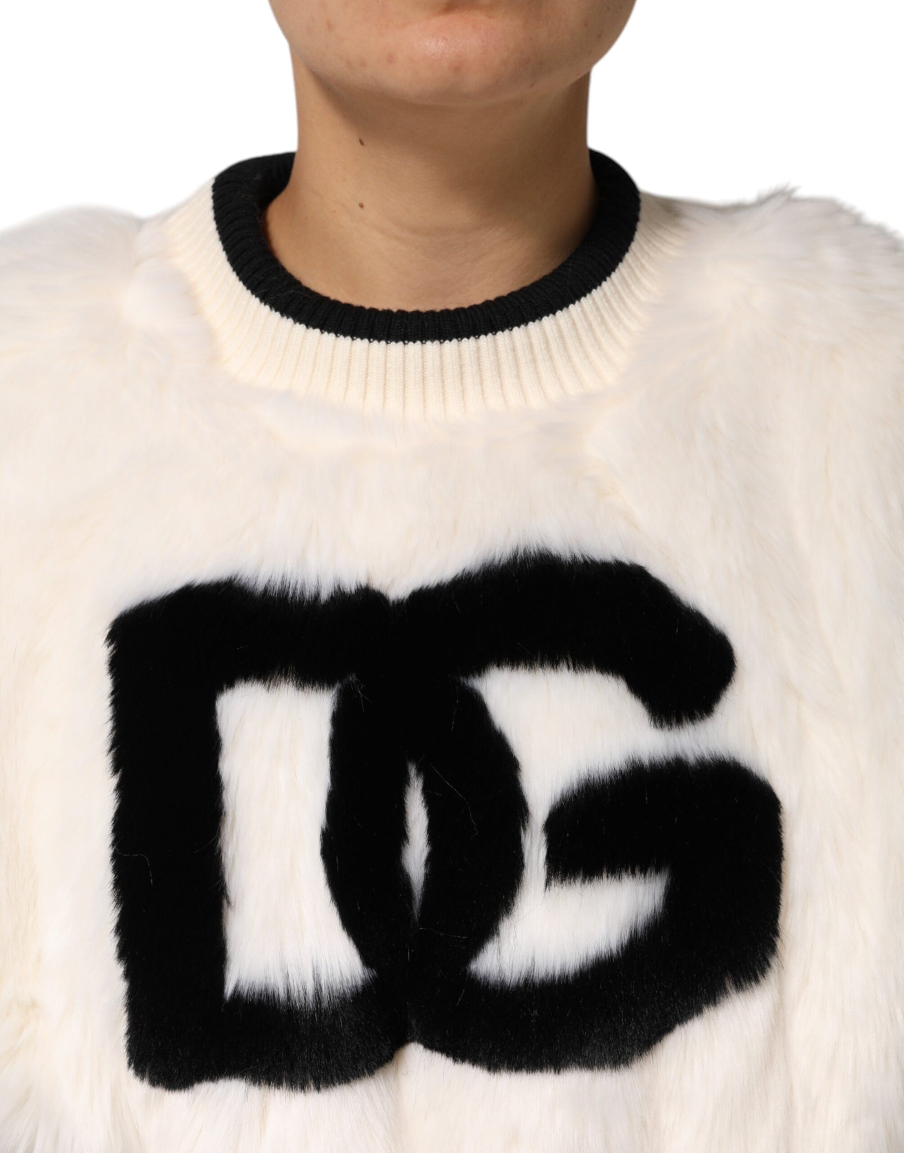 Dolce & Gabbana White Cropped Faux Fur DG Sweatshirt Sweater | Regal Royce