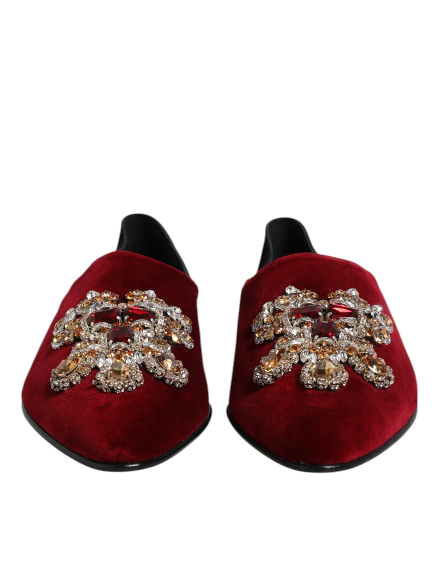 Dolce & Gabbana Black Red Velvet Embellished Slip On Shoes | Regal Royce