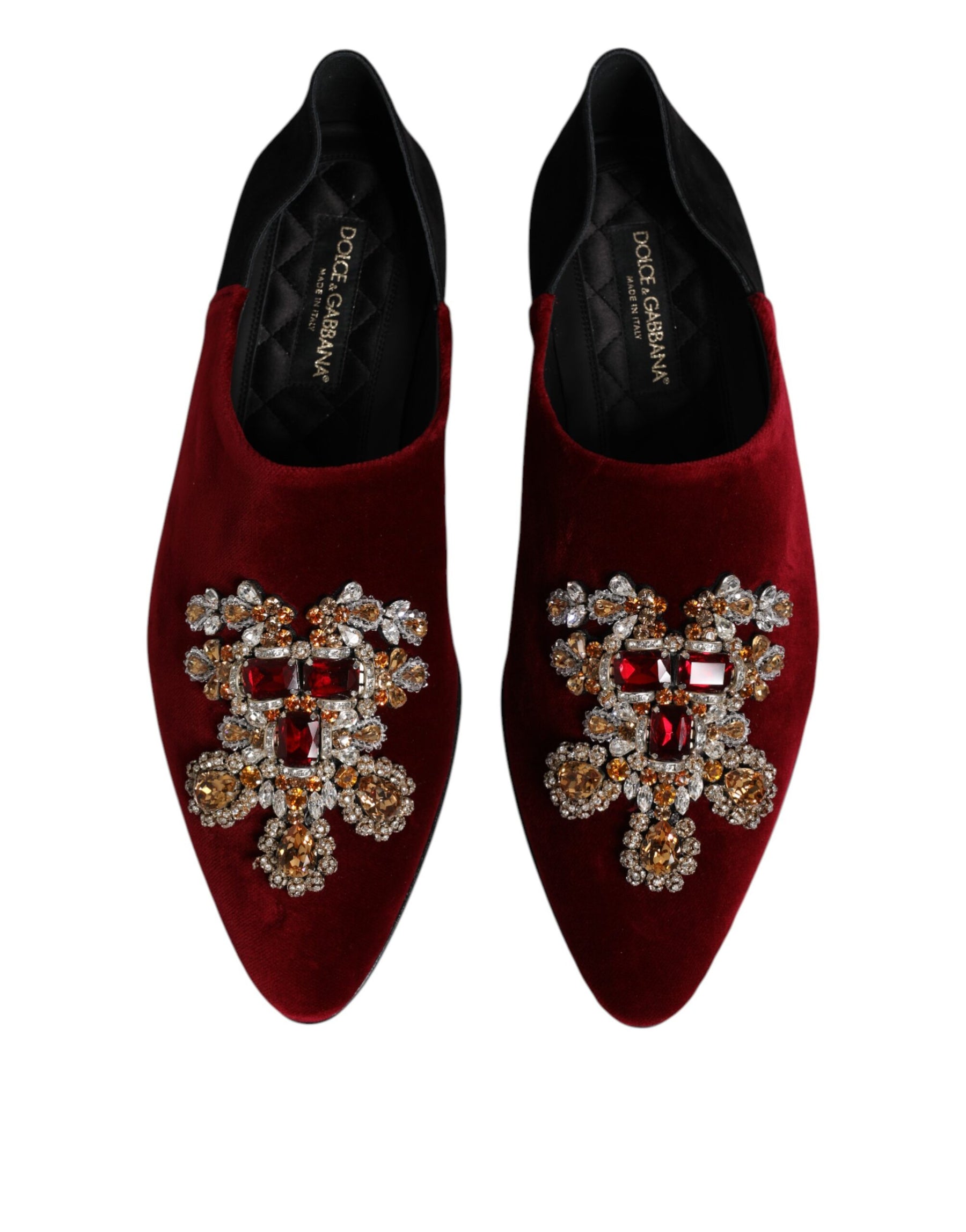Dolce & Gabbana Black Red Velvet Embellished Slip On Shoes | Regal Royce