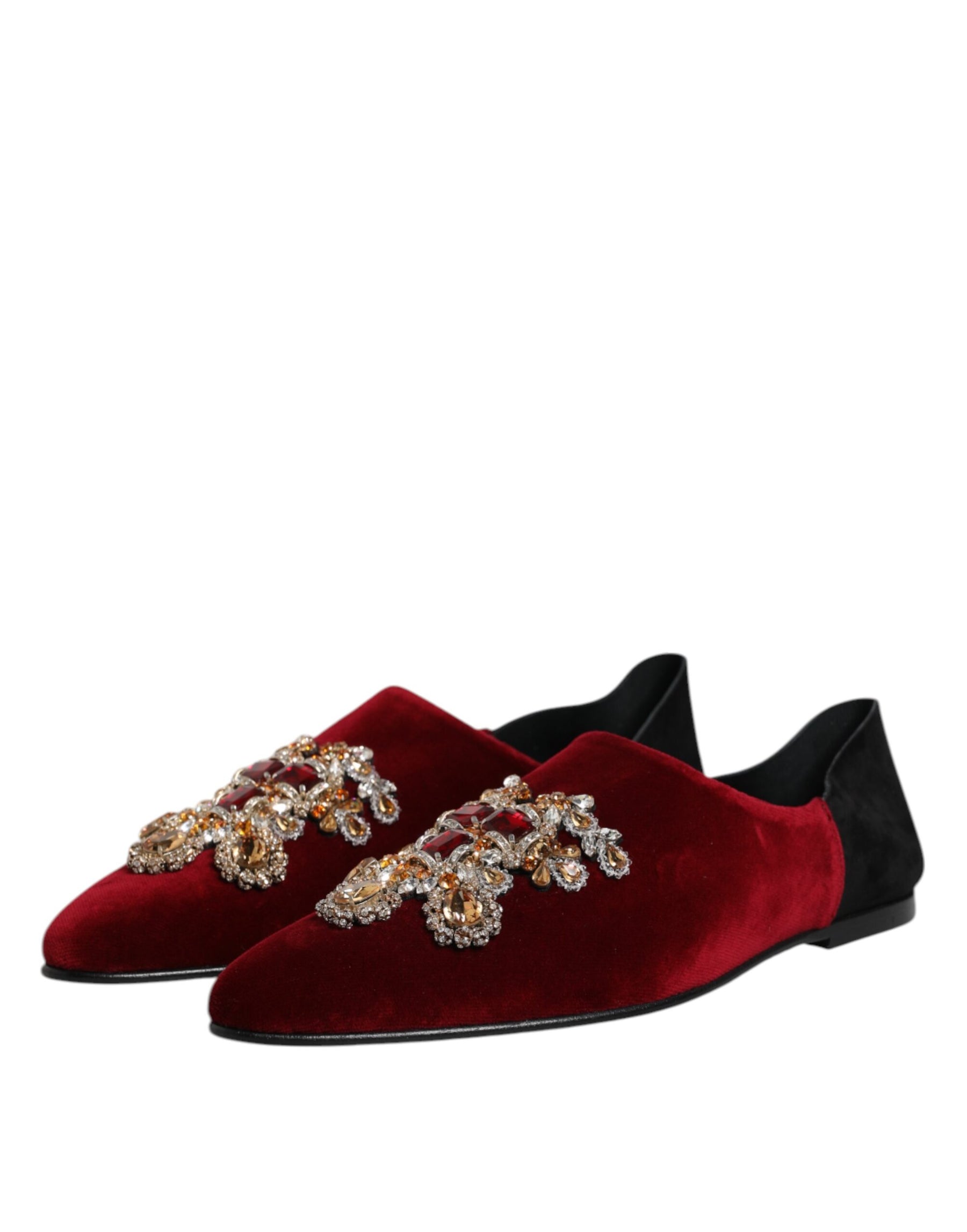 Dolce & Gabbana Black Red Velvet Embellished Slip On Shoes | Regal Royce