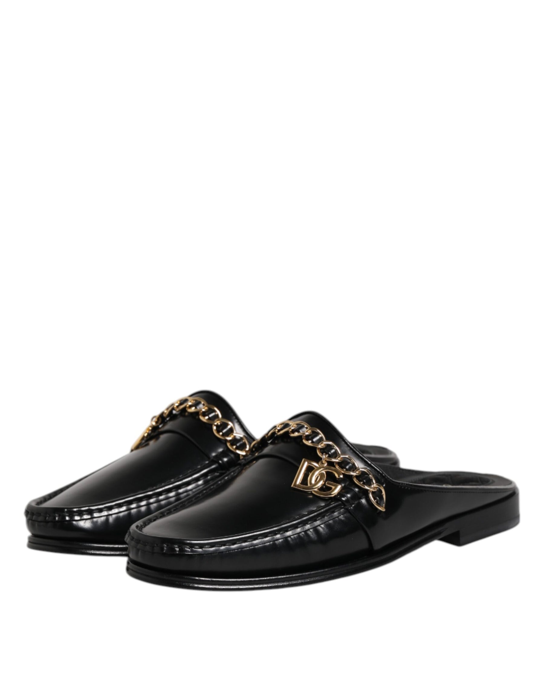 Dolce & Gabbana Black Leather DG Chain Embellished Sandals Shoes | Regal Royce