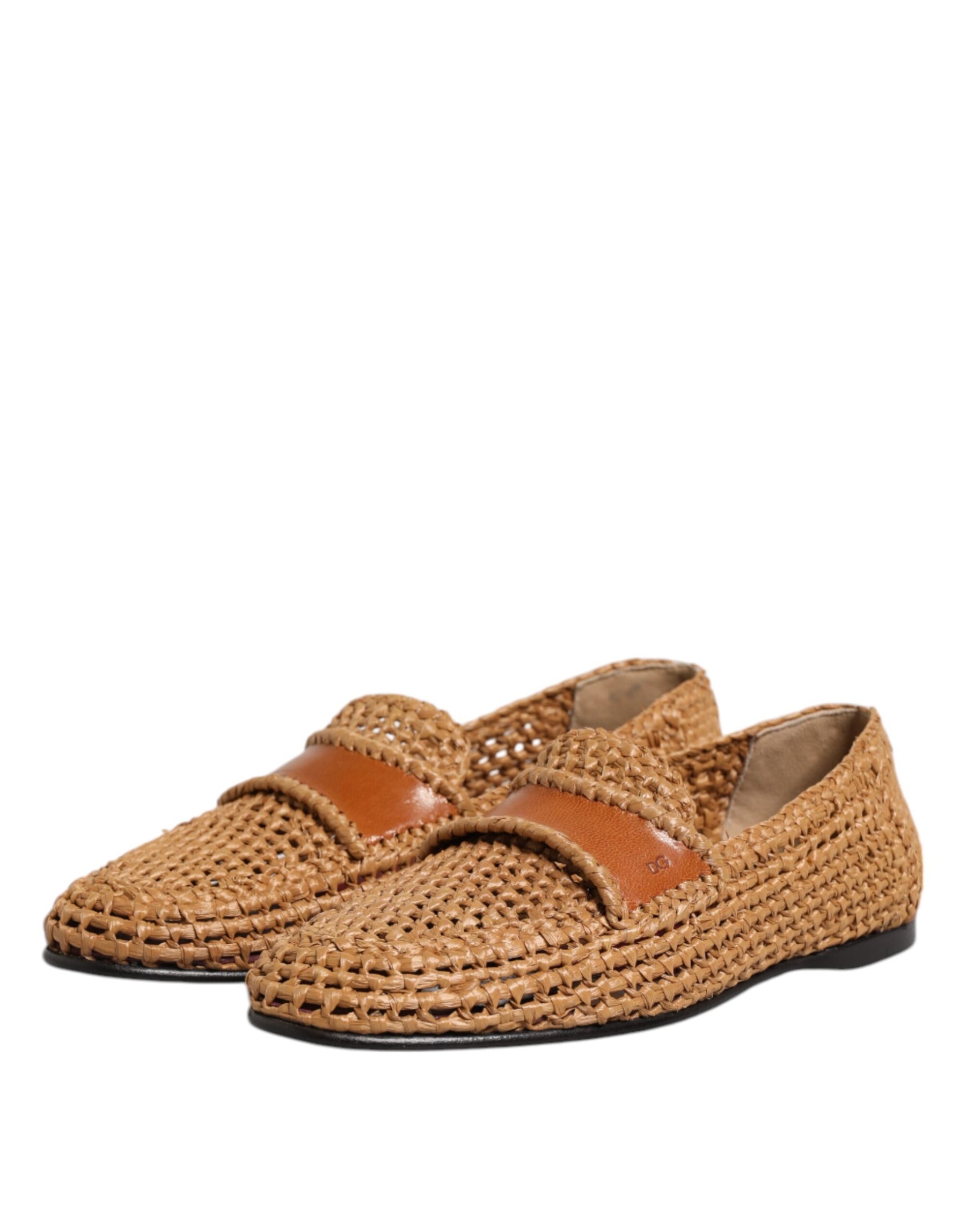 Dolce & Gabbana Brown Woven Raffia Slip On Loafers Shoes | Regal Royce