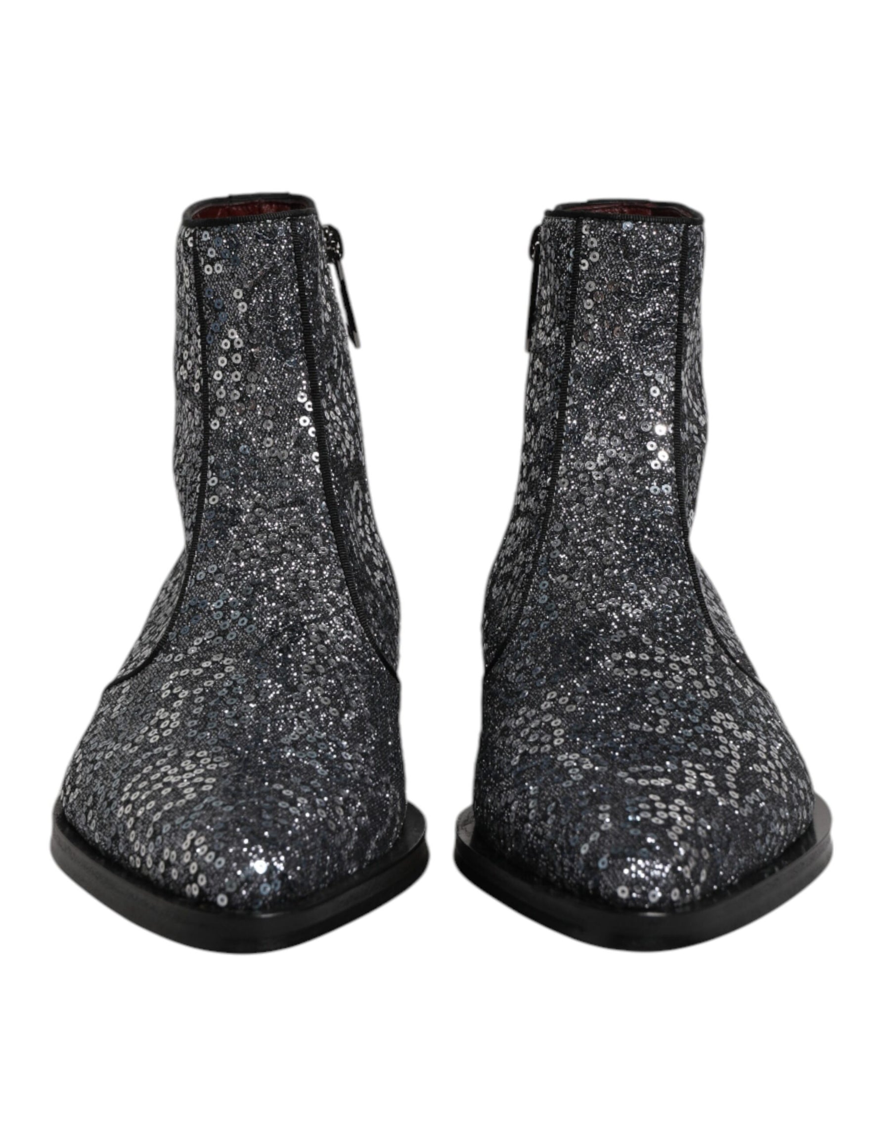 Dolce & Gabbana Dark Gray Cotton Sequined Chelsea Boots Shoes | Regal Royce