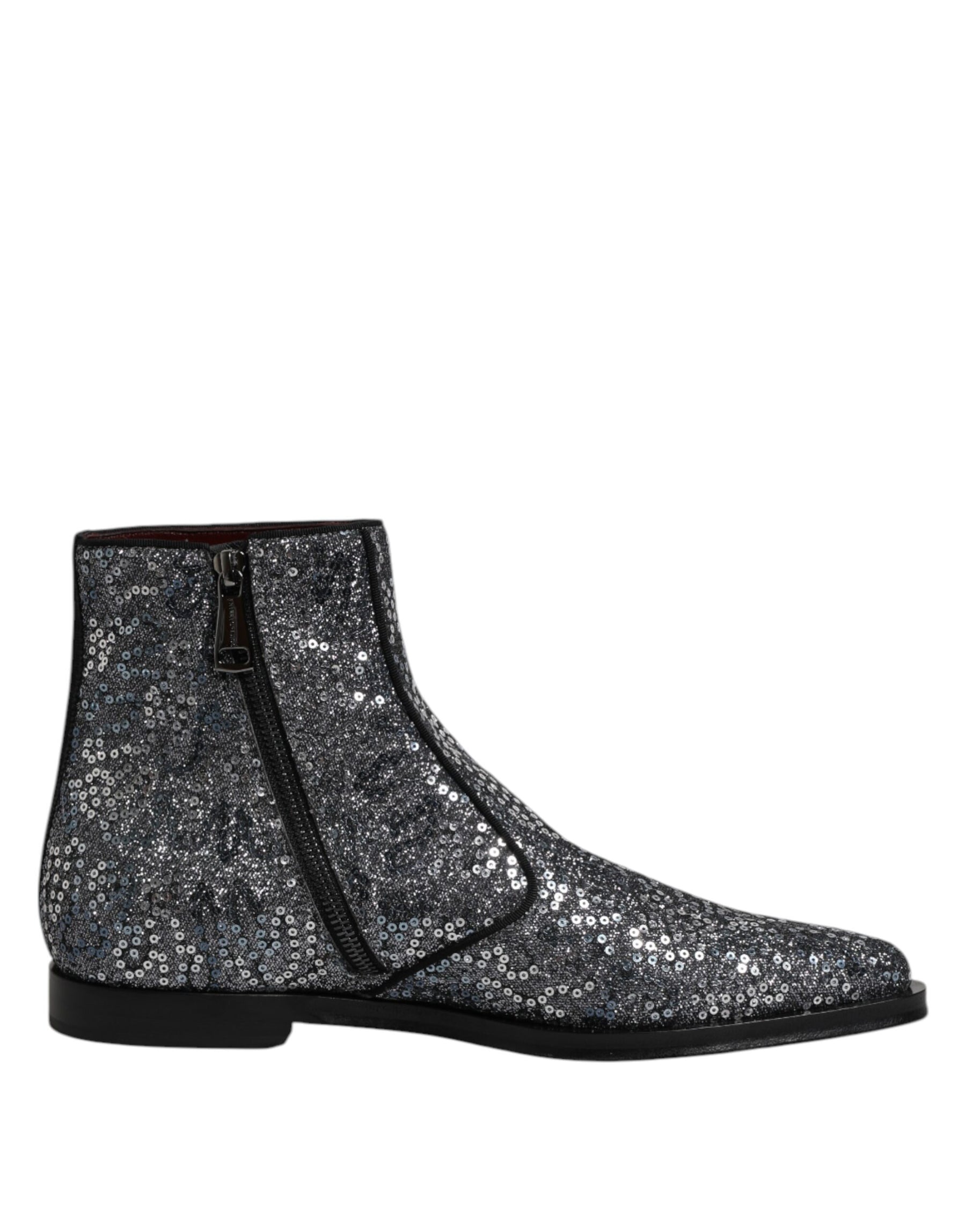 Dolce & Gabbana Dark Gray Cotton Sequined Chelsea Boots Shoes | Regal Royce
