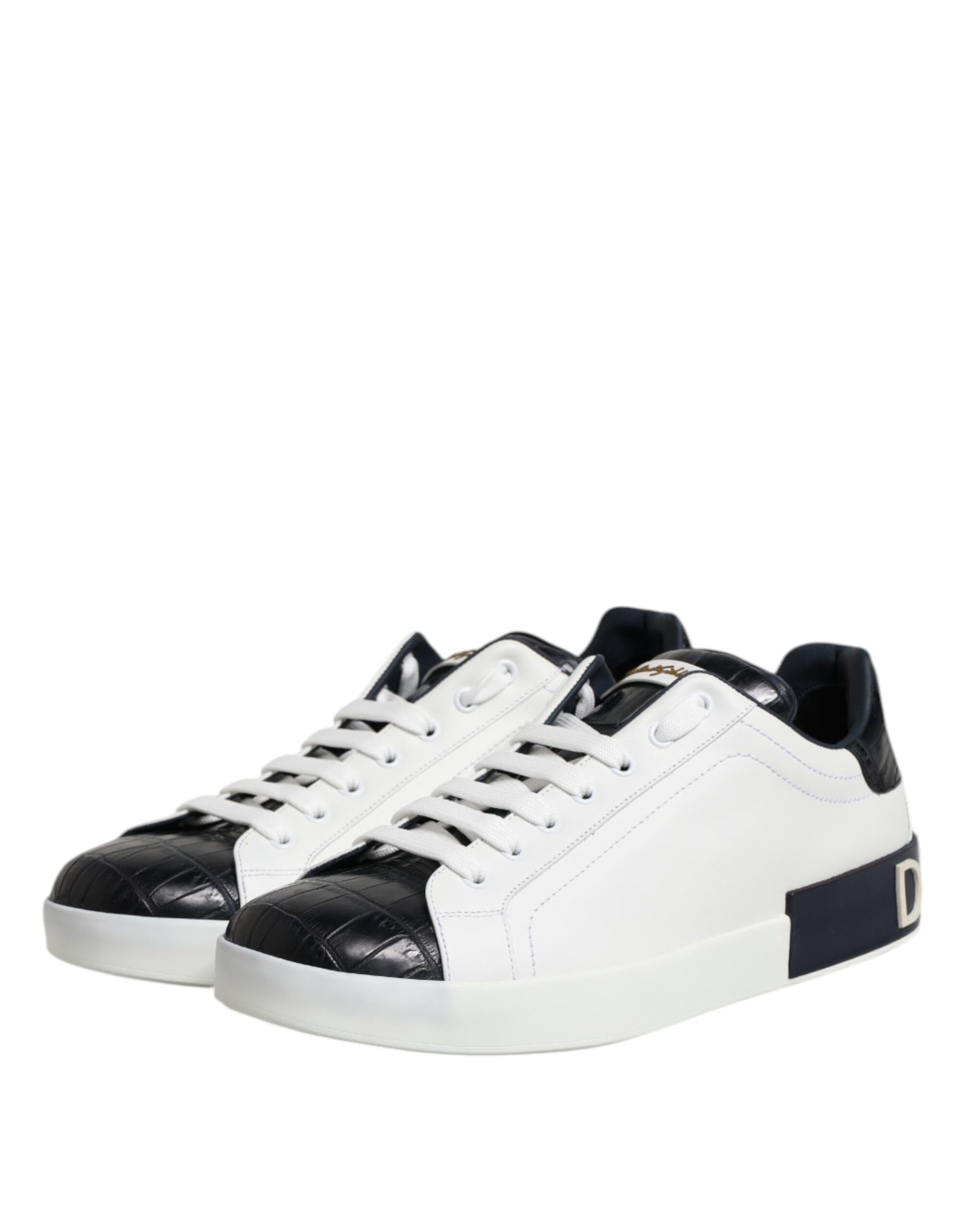 Dolce & Gabbana White Black Leather Portofino Sneaker Shoes | Regal Royce