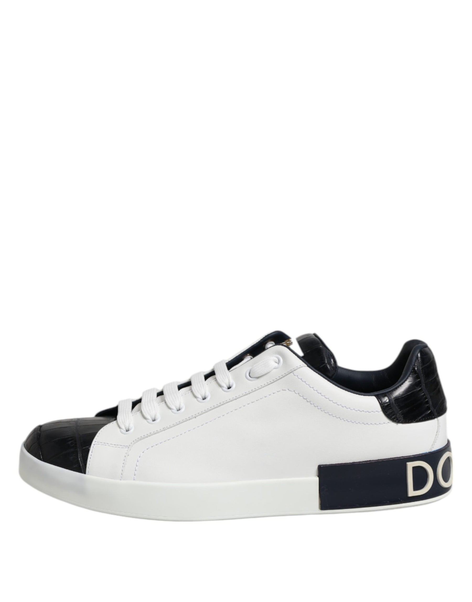 Dolce & Gabbana White Black Leather Portofino Sneaker Shoes | Regal Royce
