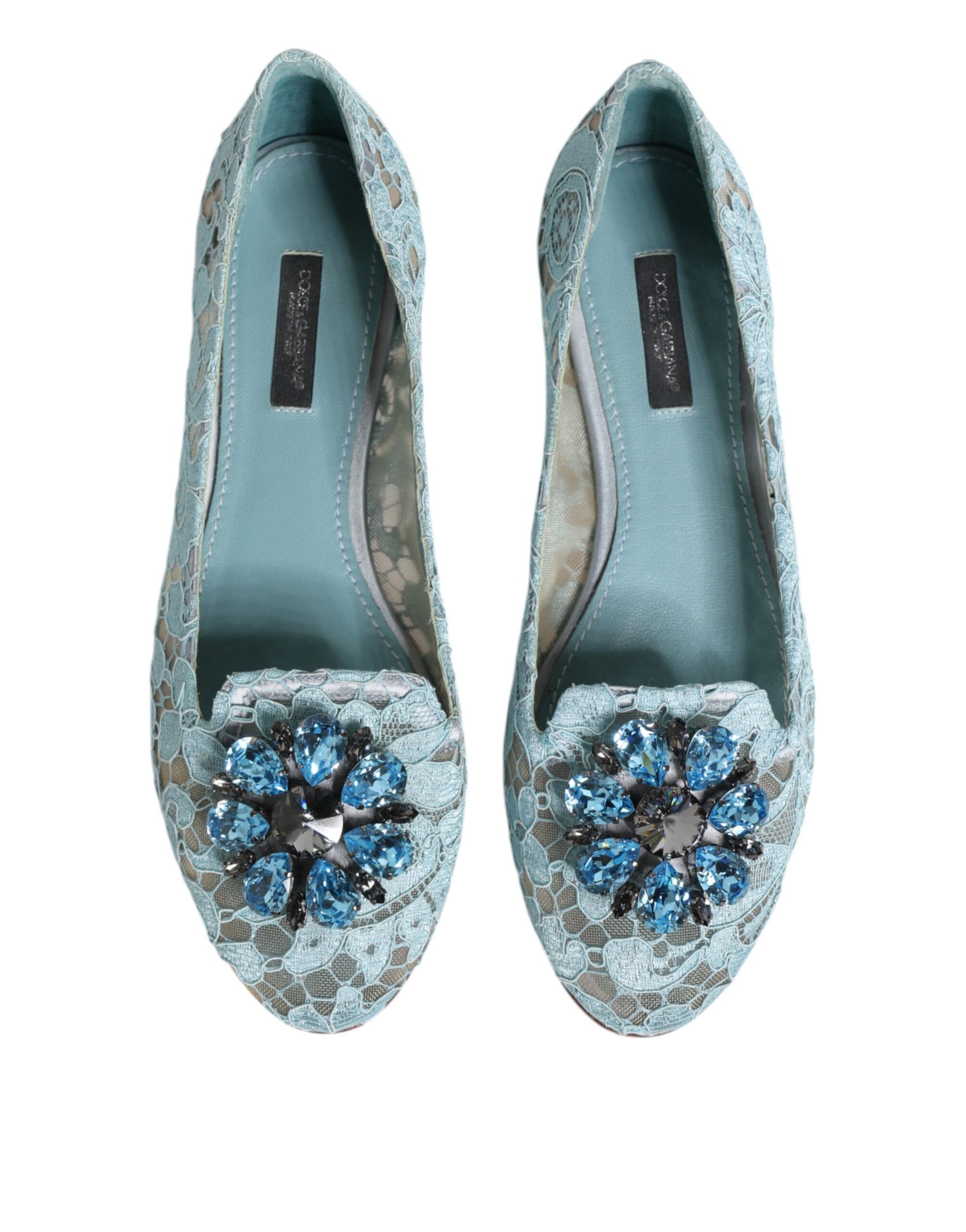 Dolce & Gabbana Blue Lace Crystal Ballet Flats Loafers Shoes | Regal Royce