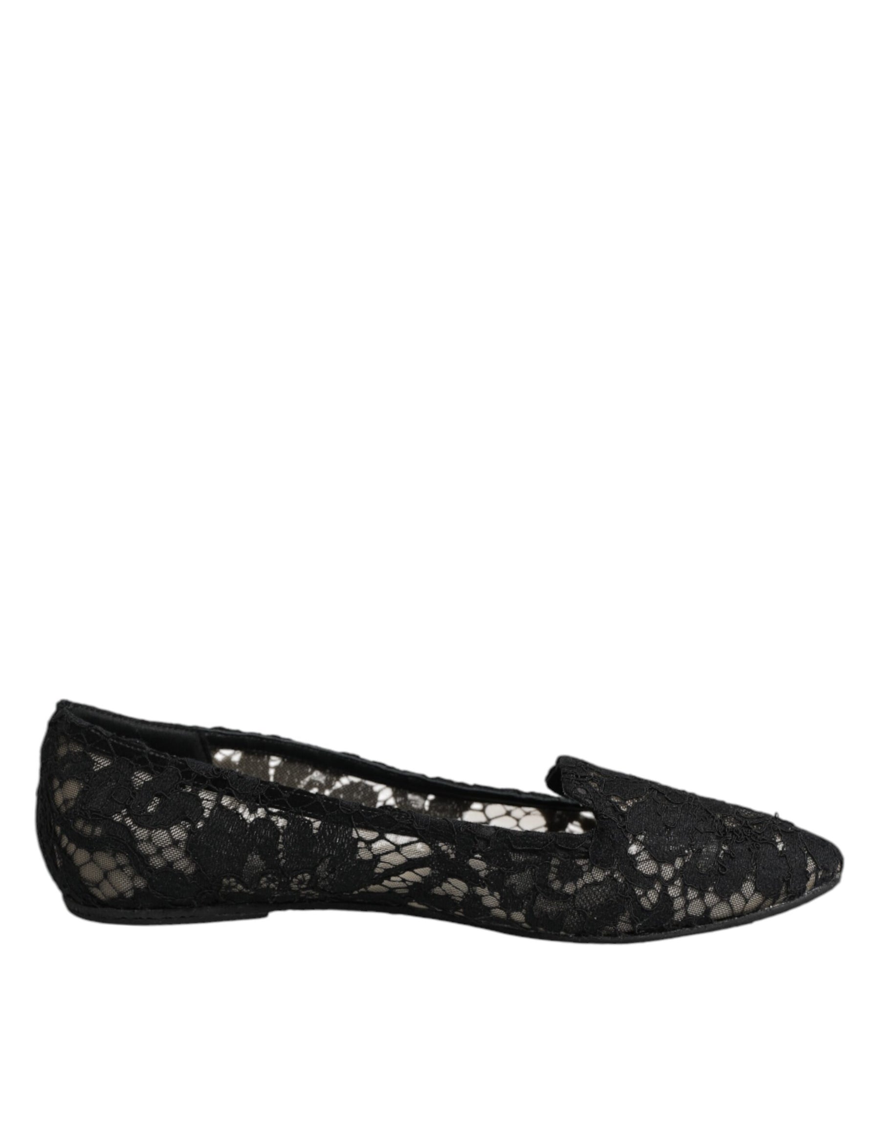 Dolce & Gabbana Black Taormina Lace Slip On Flats Shoes | Regal Royce