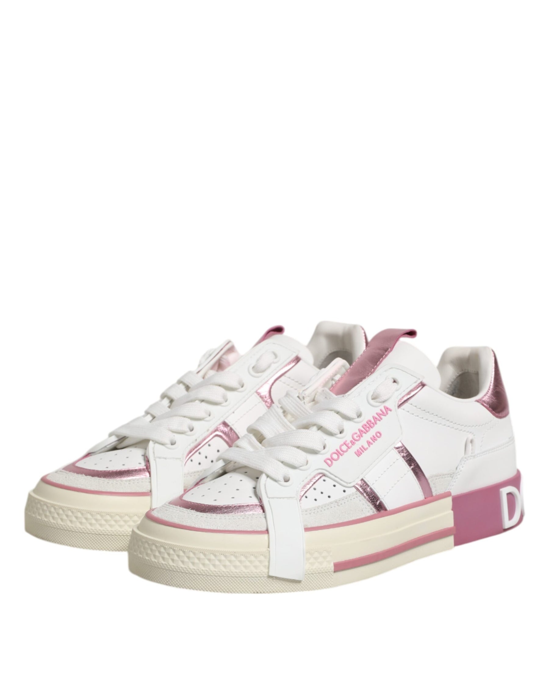 Dolce & Gabbana White Pink Leather Low Top Sneakers Shoes | Regal Royce