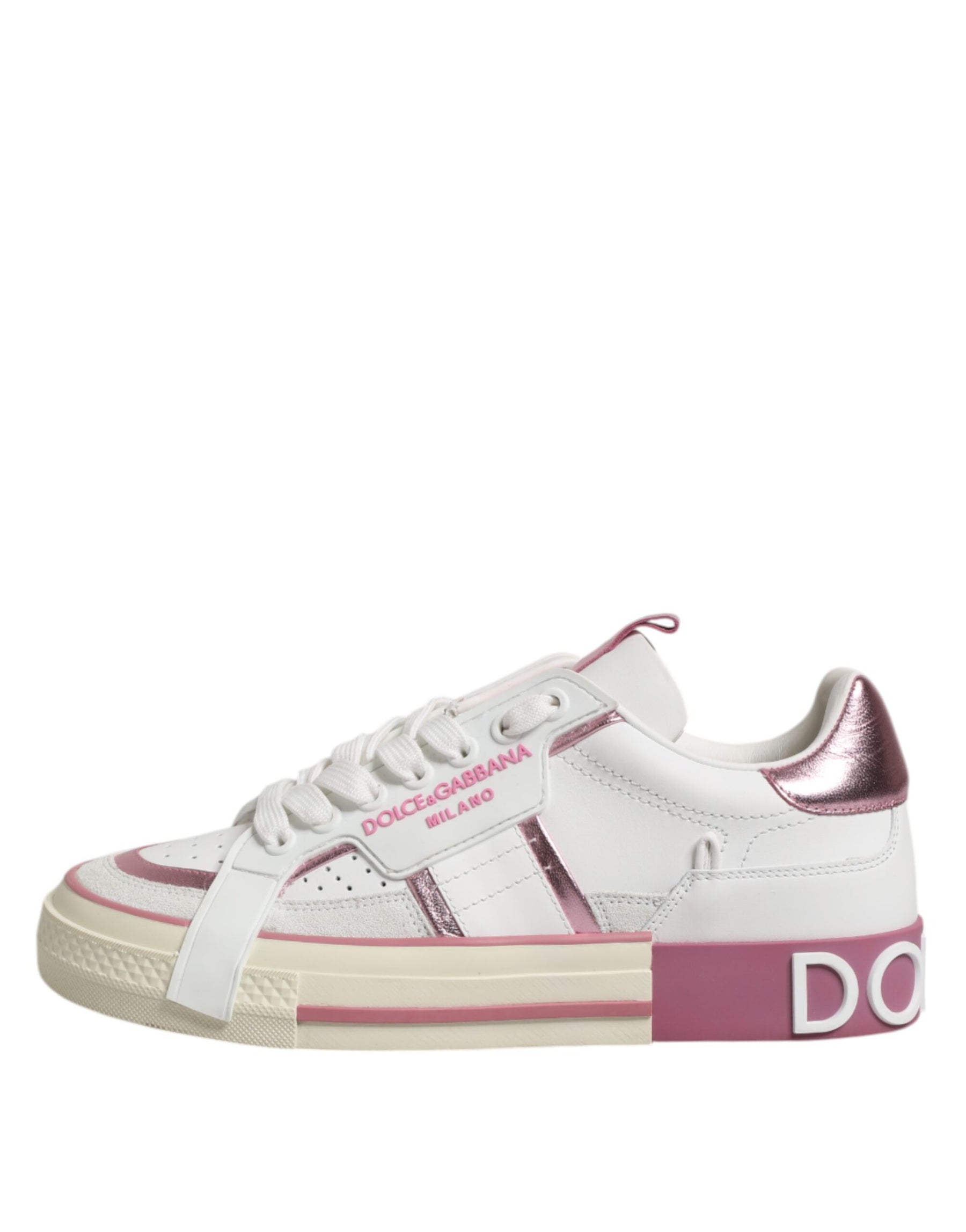 Dolce & Gabbana White Pink Leather Low Top Sneakers Shoes | Regal Royce