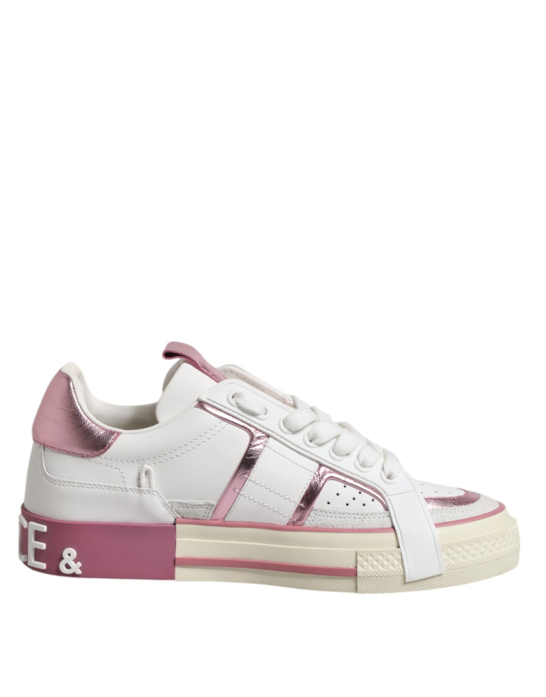 Dolce & Gabbana White Pink Leather Low Top Sneakers Shoes | Regal Royce