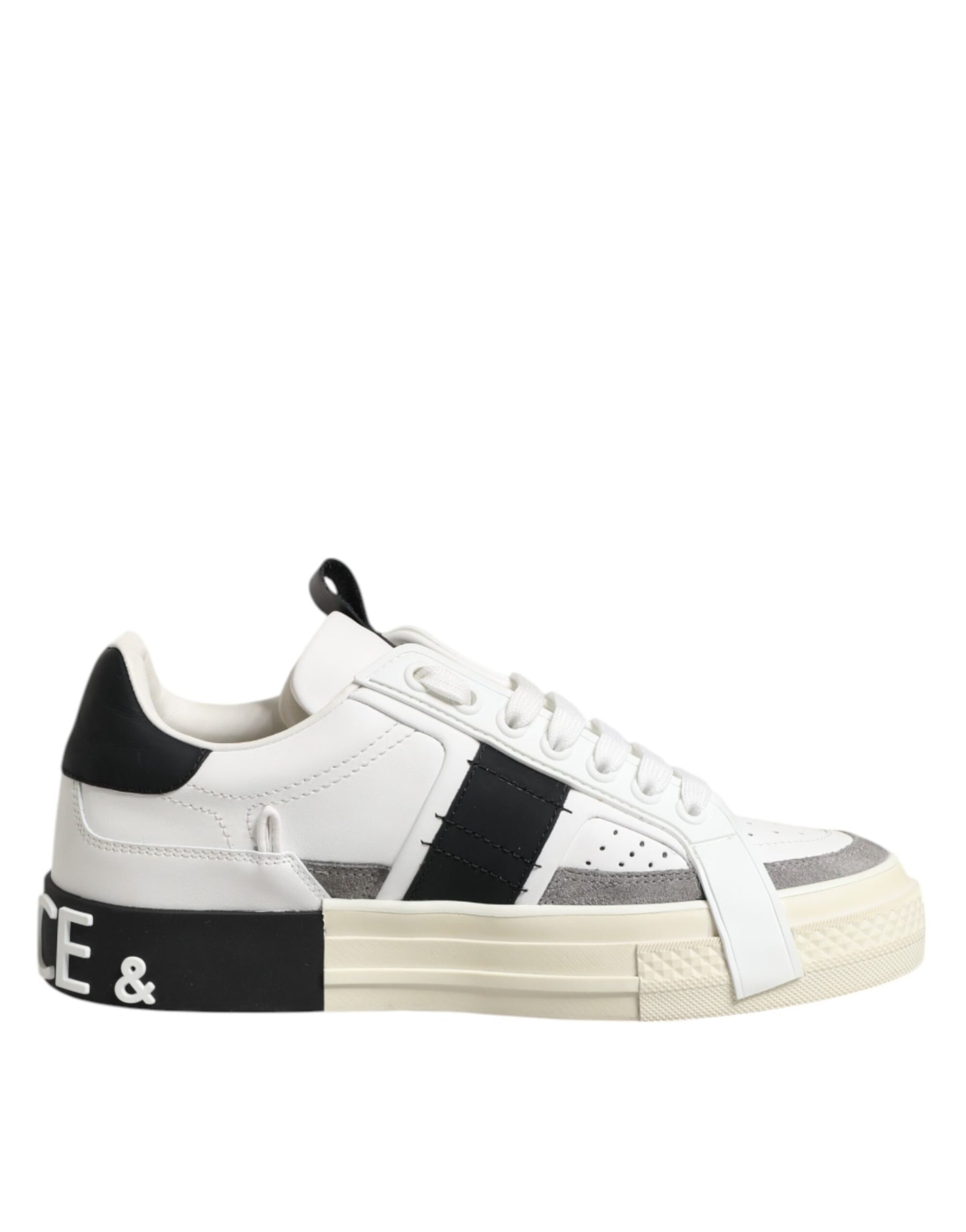 Dolce & Gabbana White Black Leather Low Top Sneakers Shoes | Regal Royce