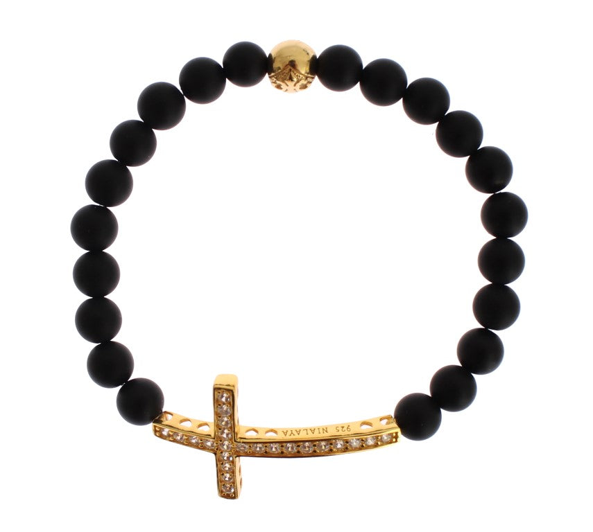 Nialaya Matte Onyx Stone Gold CZ Cross 925 Silver Bracelet | Regal Royce