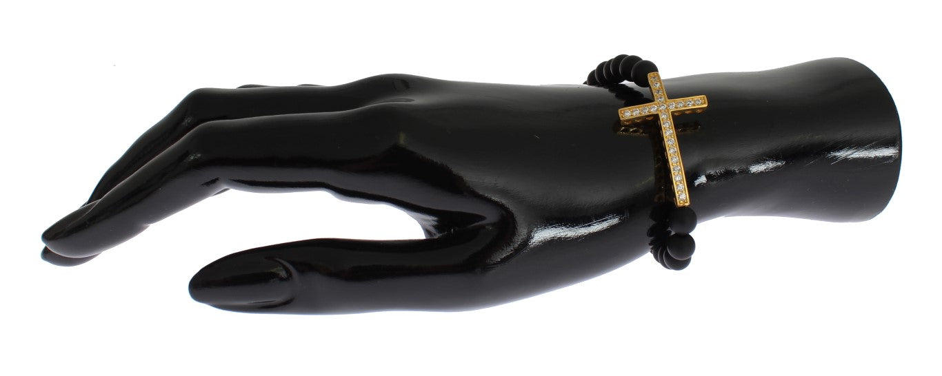 Nialaya Matte Onyx Stone Gold CZ Cross 925 Silver Bracelet | Regal Royce