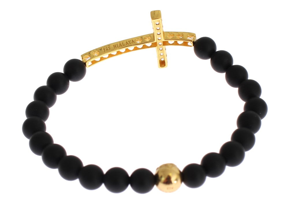 Nialaya Matte Onyx Stone Gold CZ Cross 925 Silver Bracelet | Regal Royce