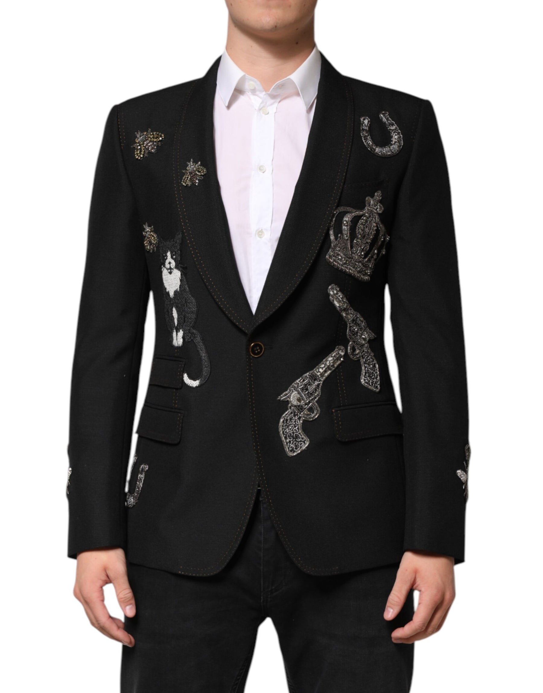 Dolce & Gabbana Black Bee Crown Embellished Suit Coat Blazer | Regal Royce
