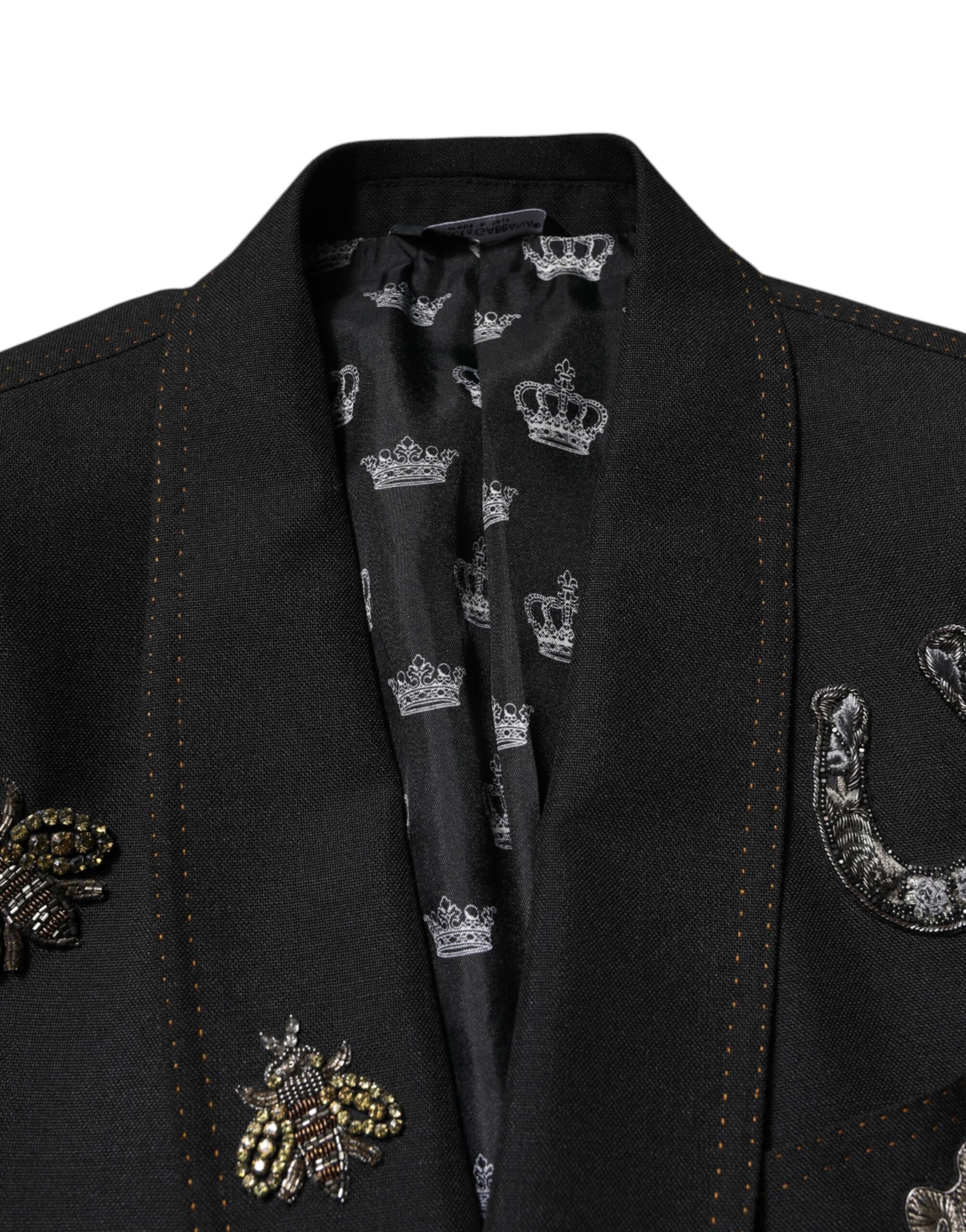 Dolce & Gabbana Black Bee Crown Embellished Suit Coat Blazer | Regal Royce