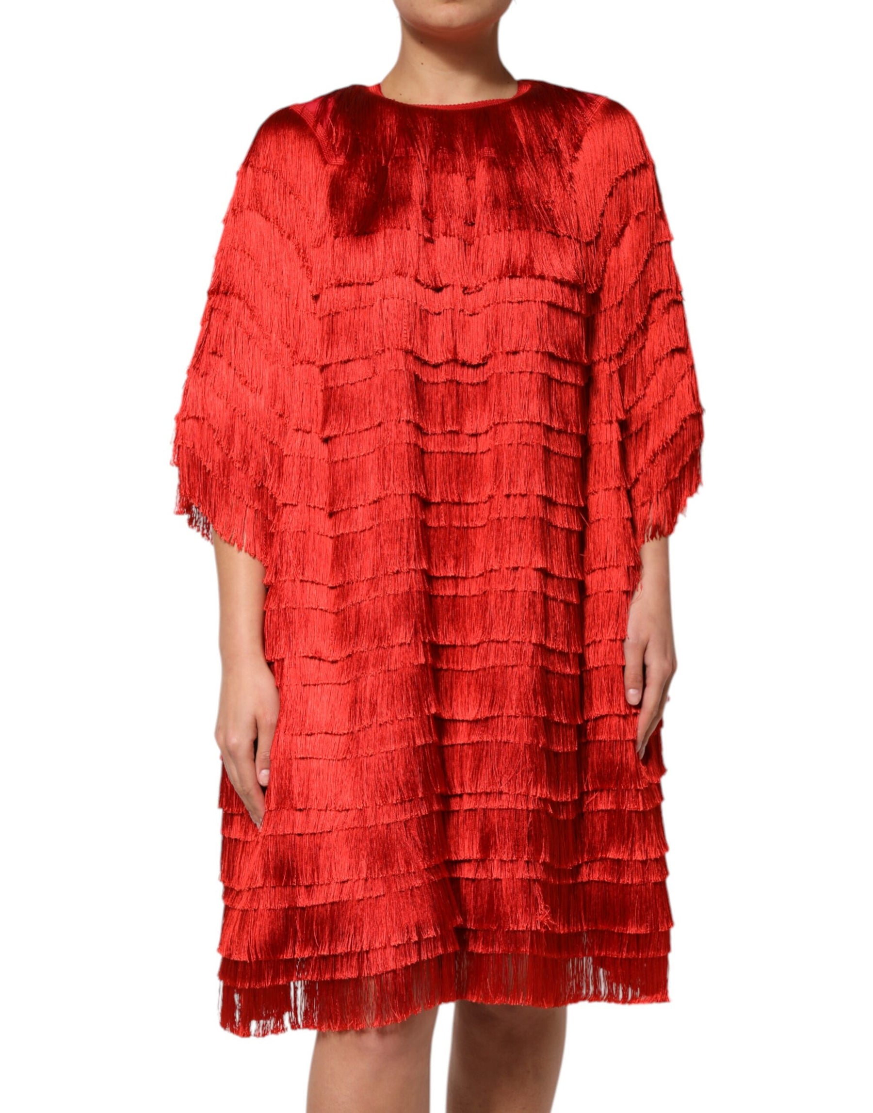 Dolce & Gabbana Red Silk Tiers Fringe Shift Knee Length Dress | Regal Royce