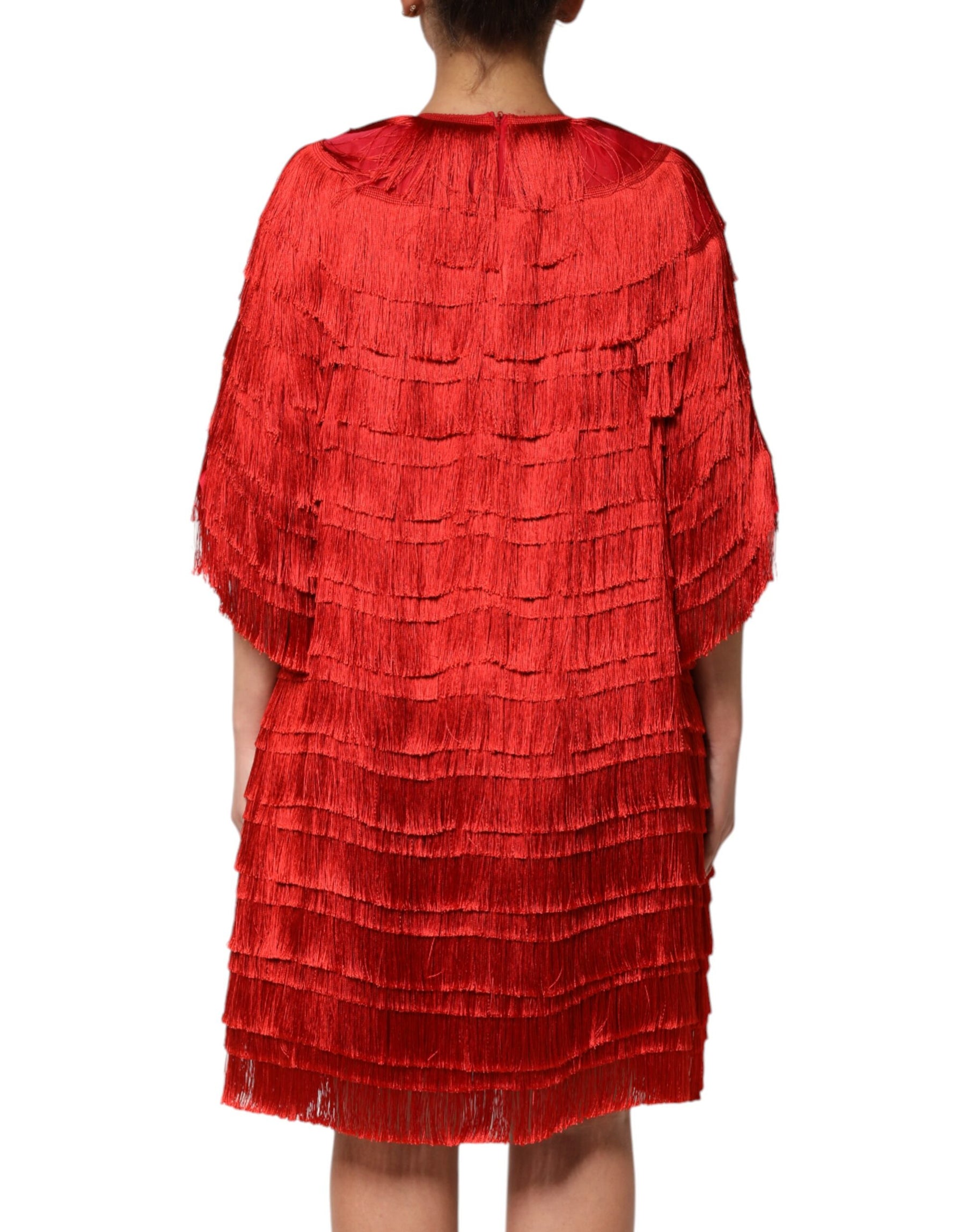 Dolce & Gabbana Red Silk Tiers Fringe Shift Knee Length Dress | Regal Royce