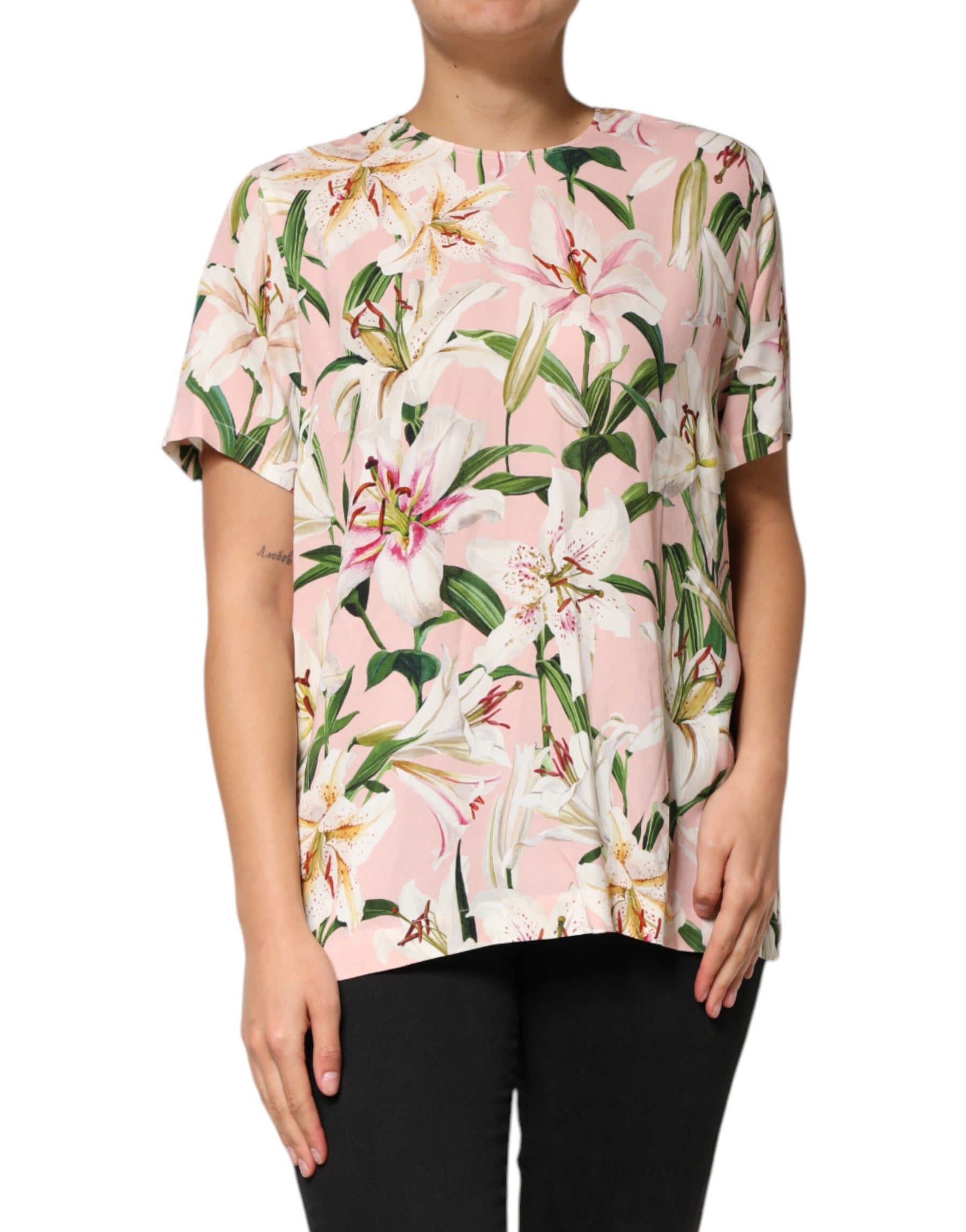 Dolce & Gabbana Pink Lily Printed Round Neck Blouse Top | Regal Royce