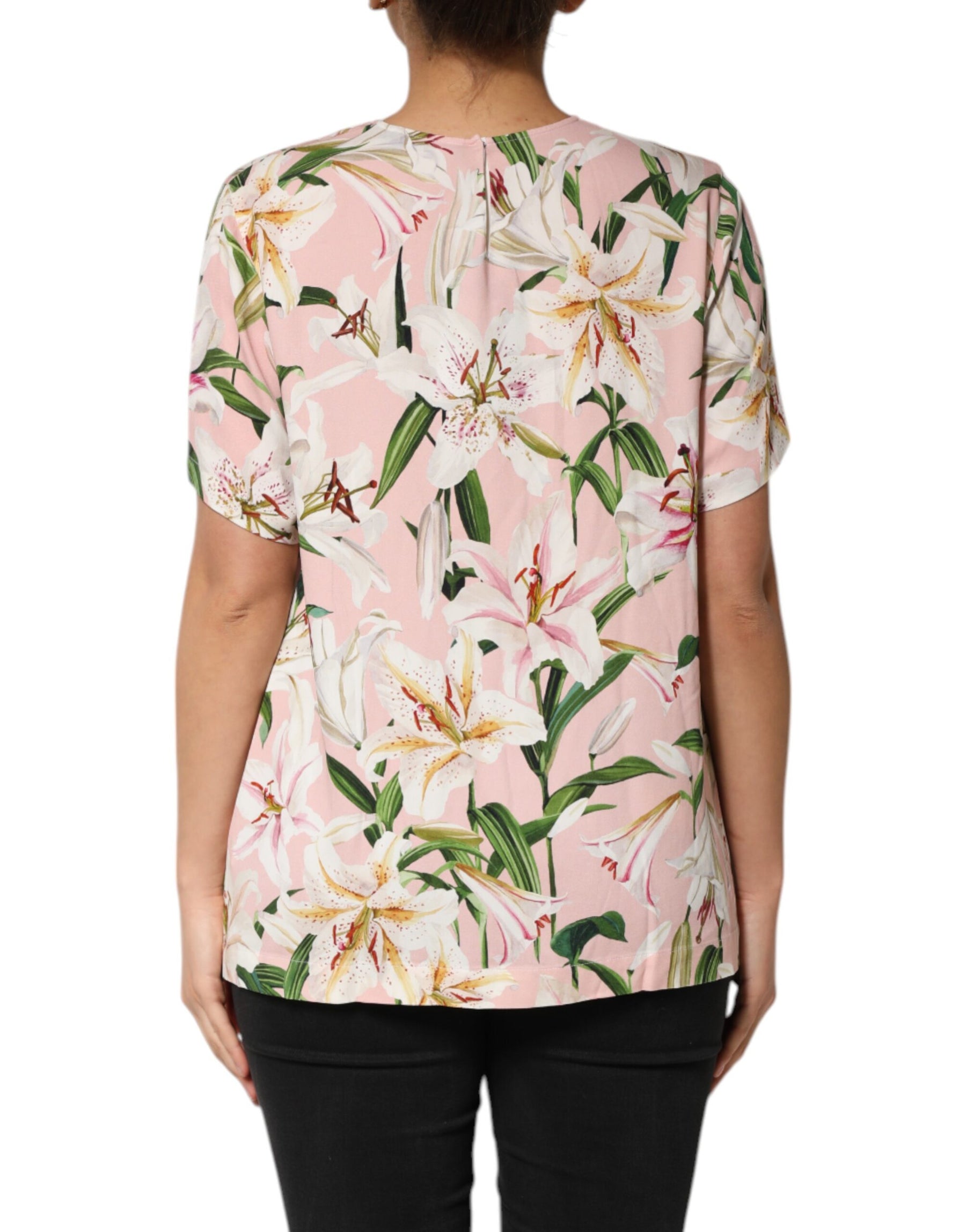 Dolce & Gabbana Pink Lily Printed Round Neck Blouse Top | Regal Royce