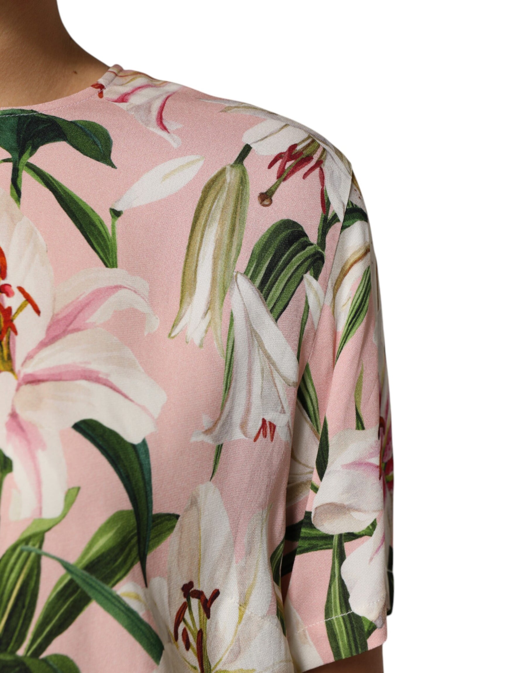 Dolce & Gabbana Pink Lily Printed Round Neck Blouse Top | Regal Royce