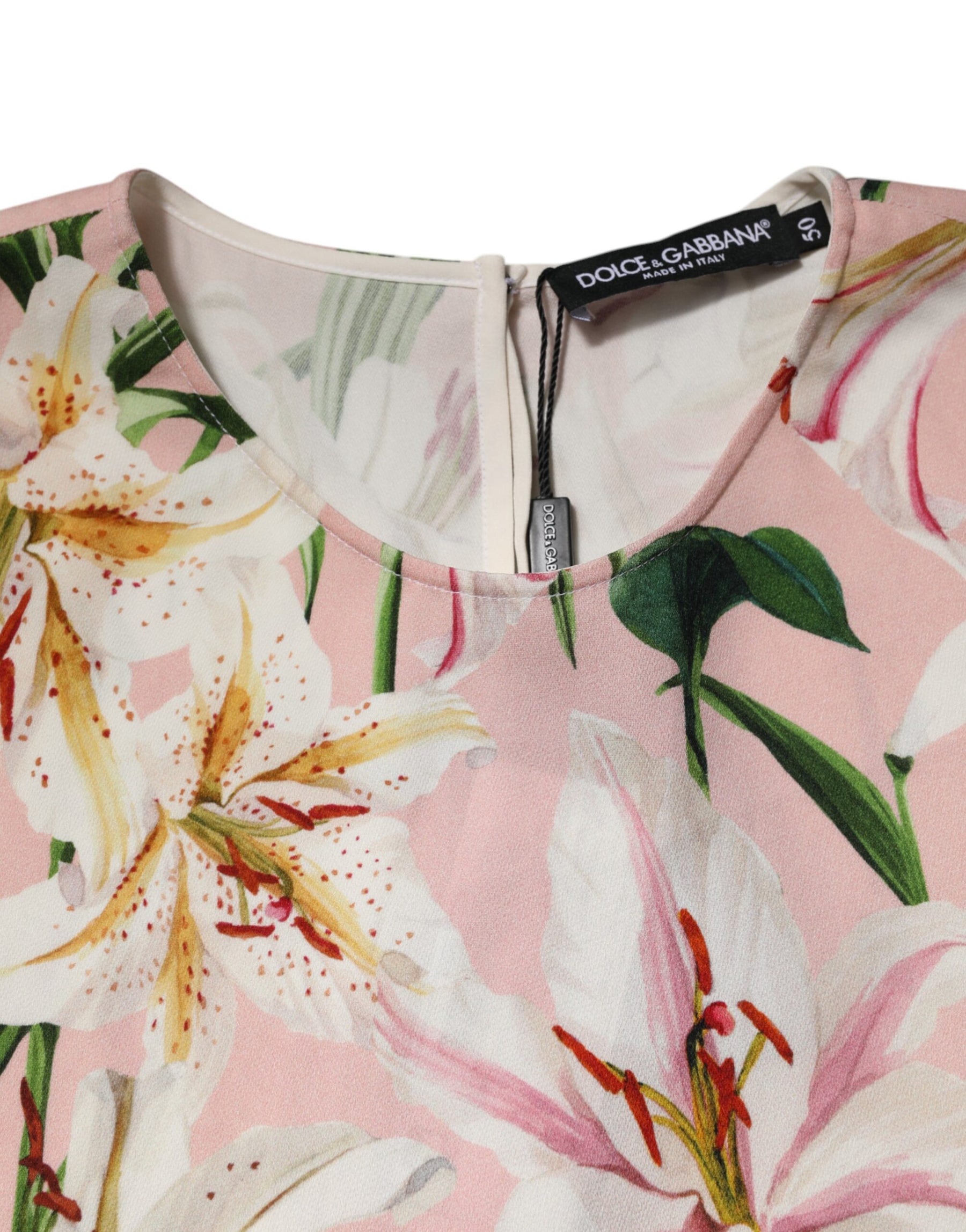 Dolce & Gabbana Pink Lily Printed Round Neck Blouse Top | Regal Royce