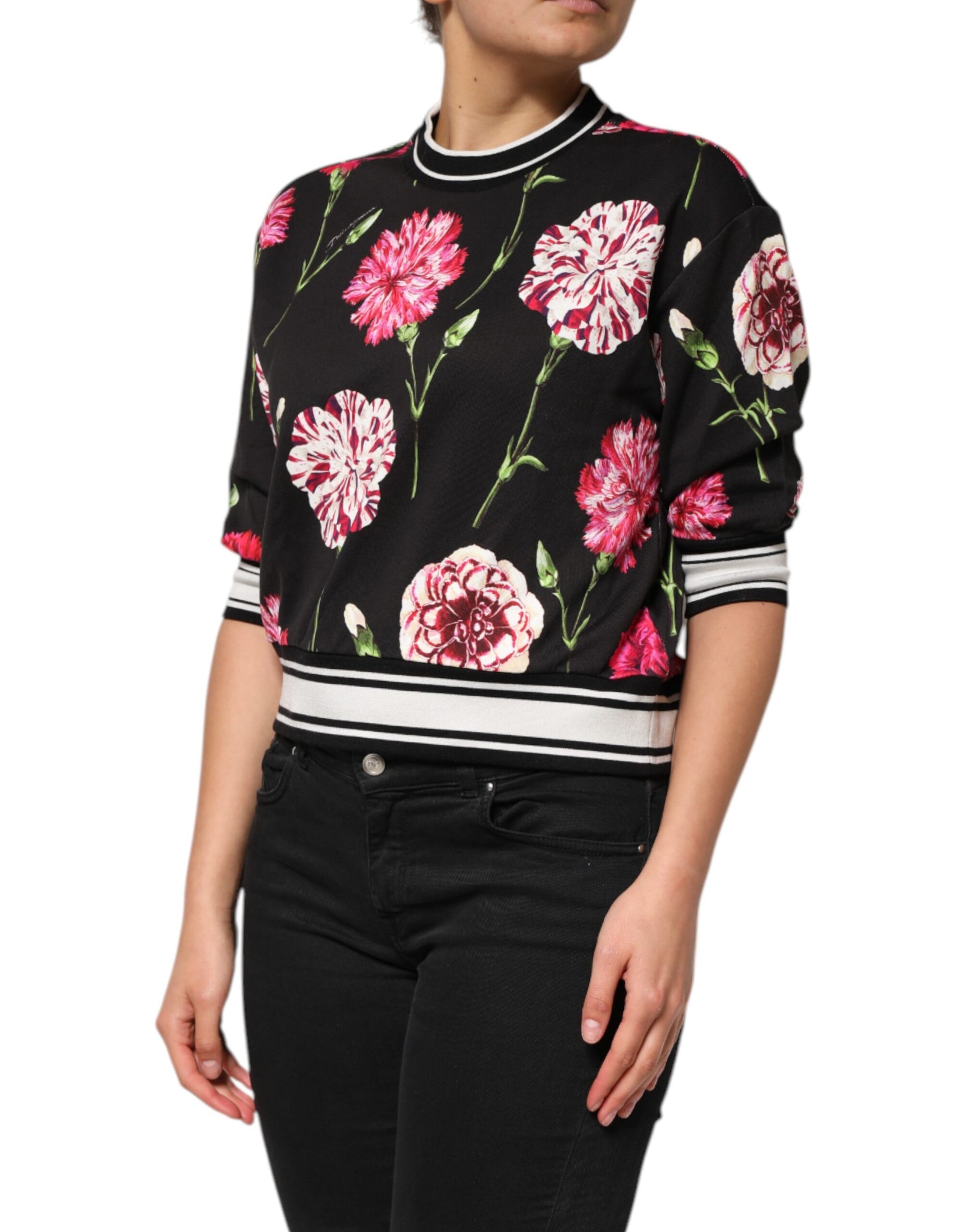 Dolce & Gabbana Black Floral Print Cotton Short Sleeves Top | Regal Royce